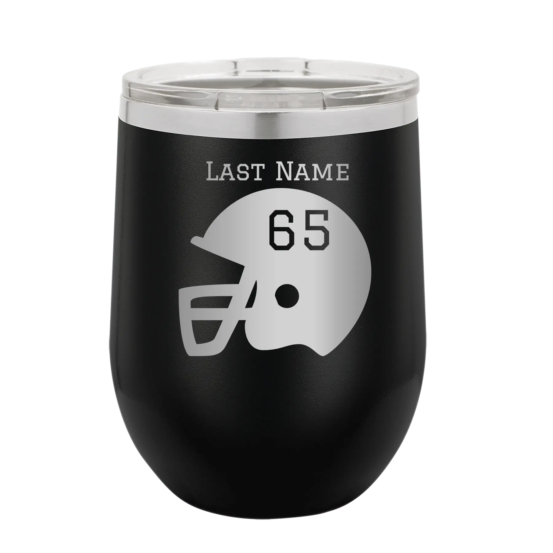 Personalized black 12 oz vacuum insulated wine cup with 'Football Helmet' design