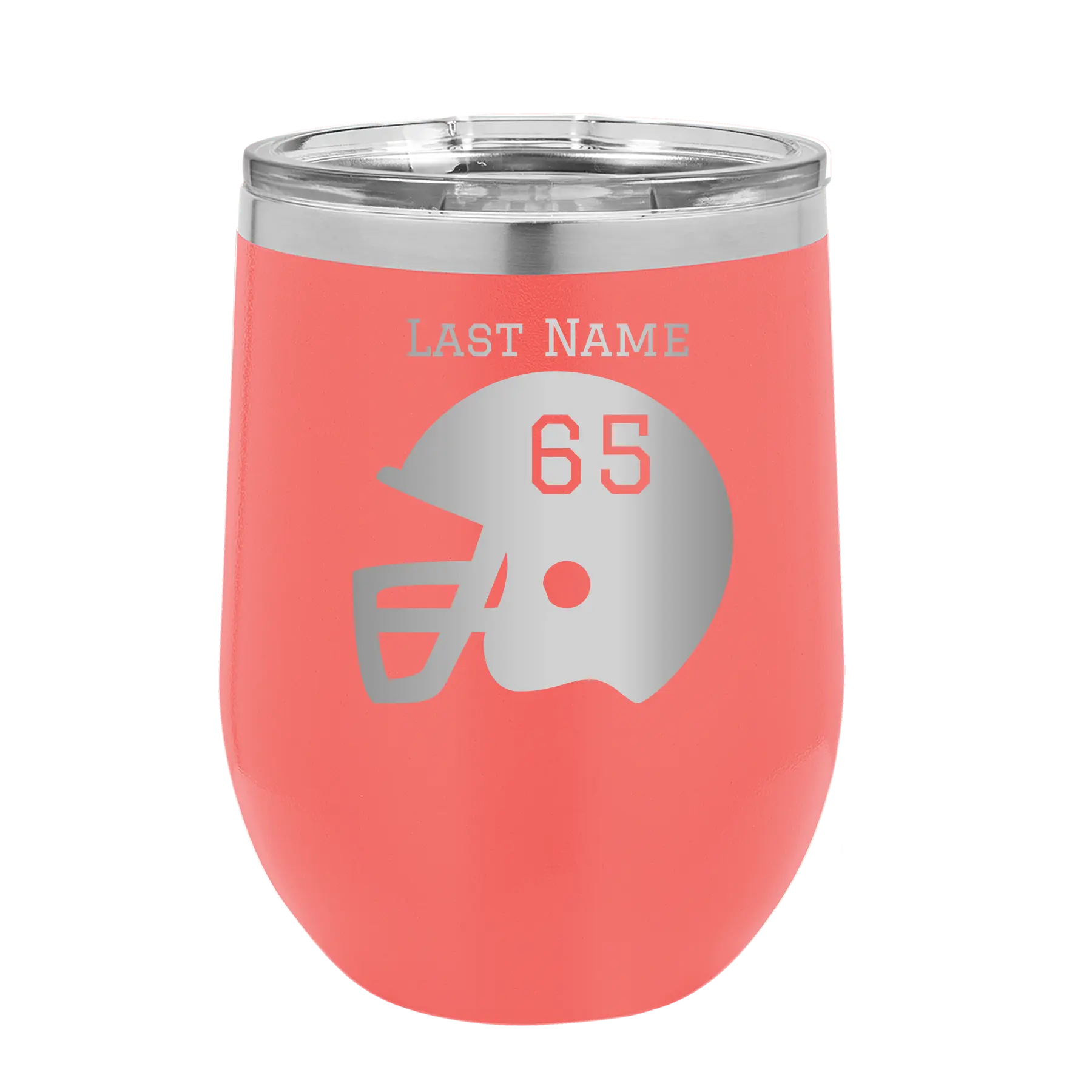 Personalized coral 12 oz vacuum insulated wine cup with 'Football Helmet' design