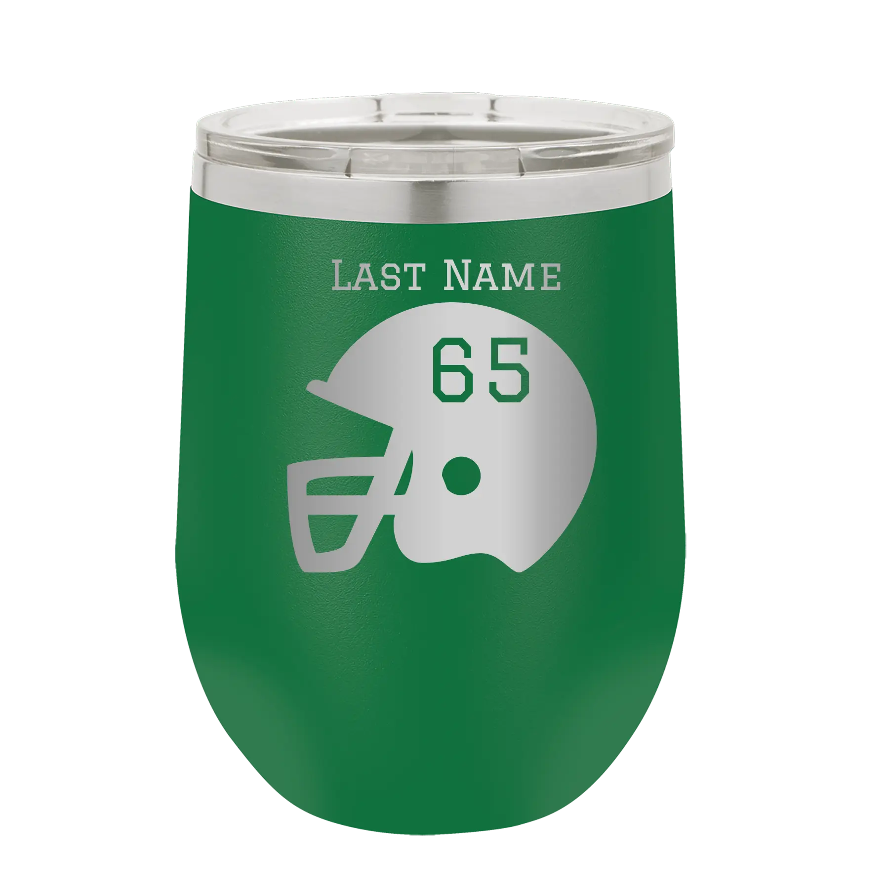 Personalized green 12 oz vacuum insulated wine cup with 'Football Helmet' design
