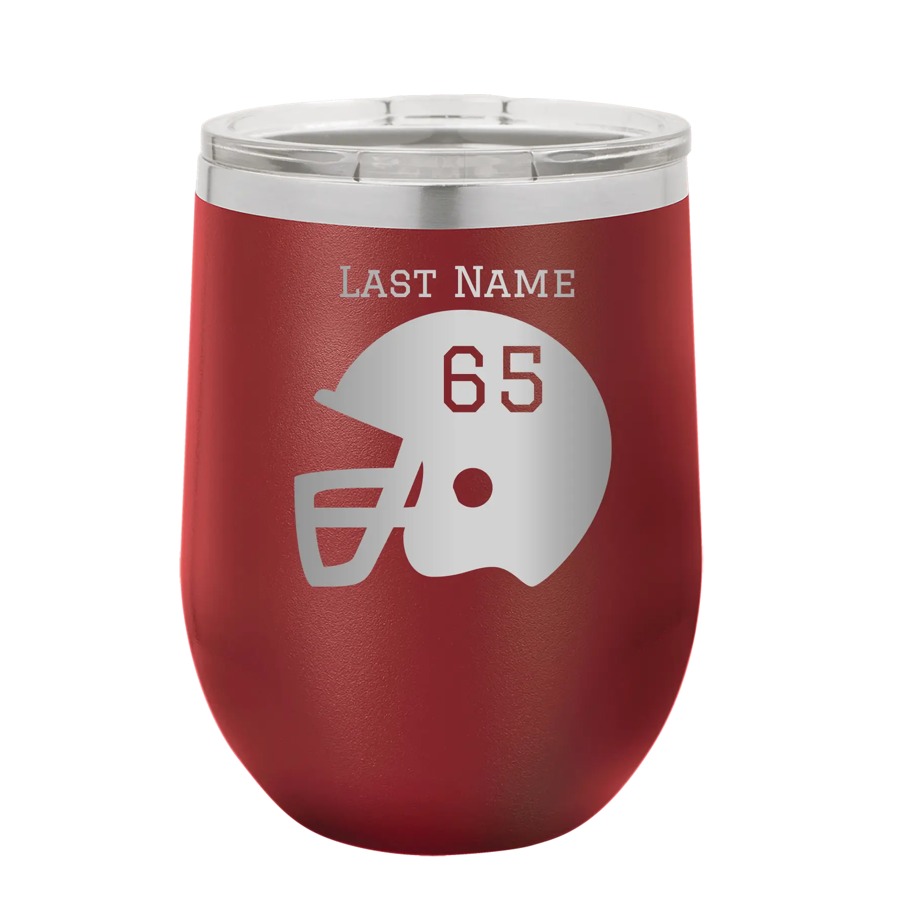 Personalized maroon 12 oz vacuum insulated wine cup with 'Football Helmet' design