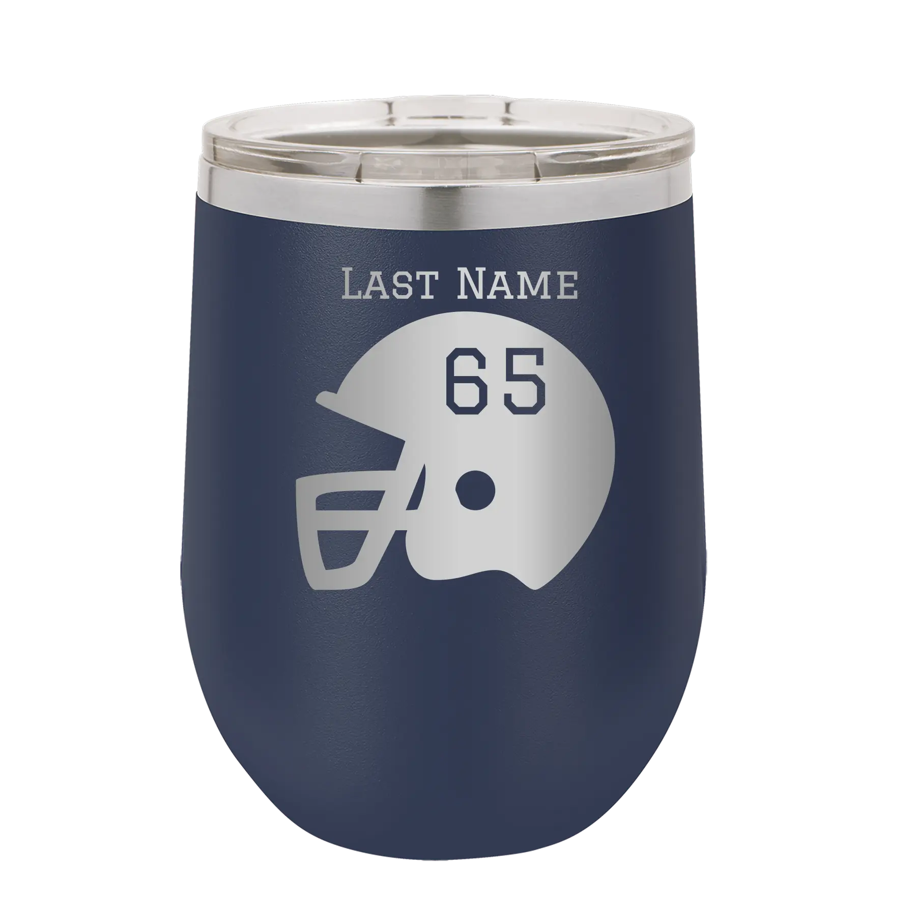 Personalized navy 12 oz vacuum insulated wine cup with 'Football Helmet' design