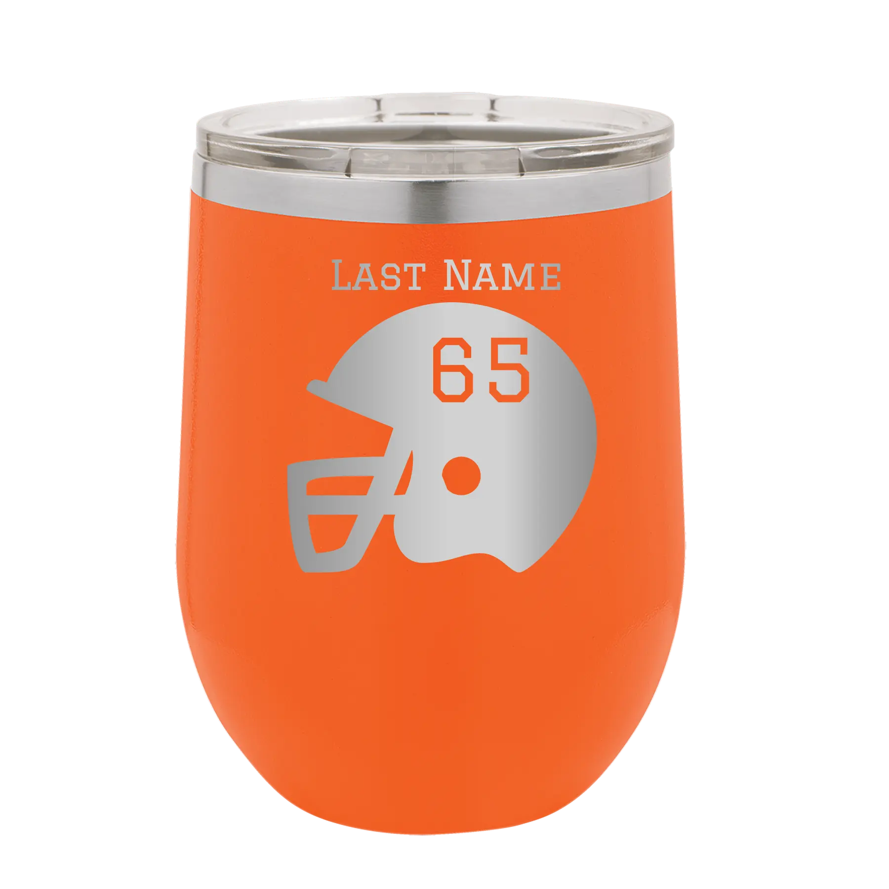 Personalized orange 12 oz vacuum insulated wine cup with 'Football Helmet' design