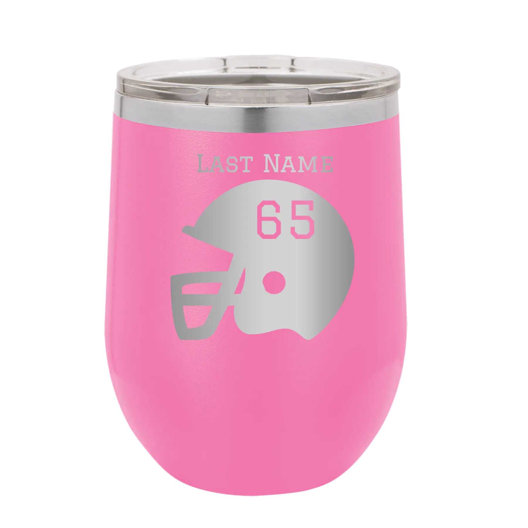 Personalized pink 12 oz vacuum insulated wine cup with 'Football Helmet' design