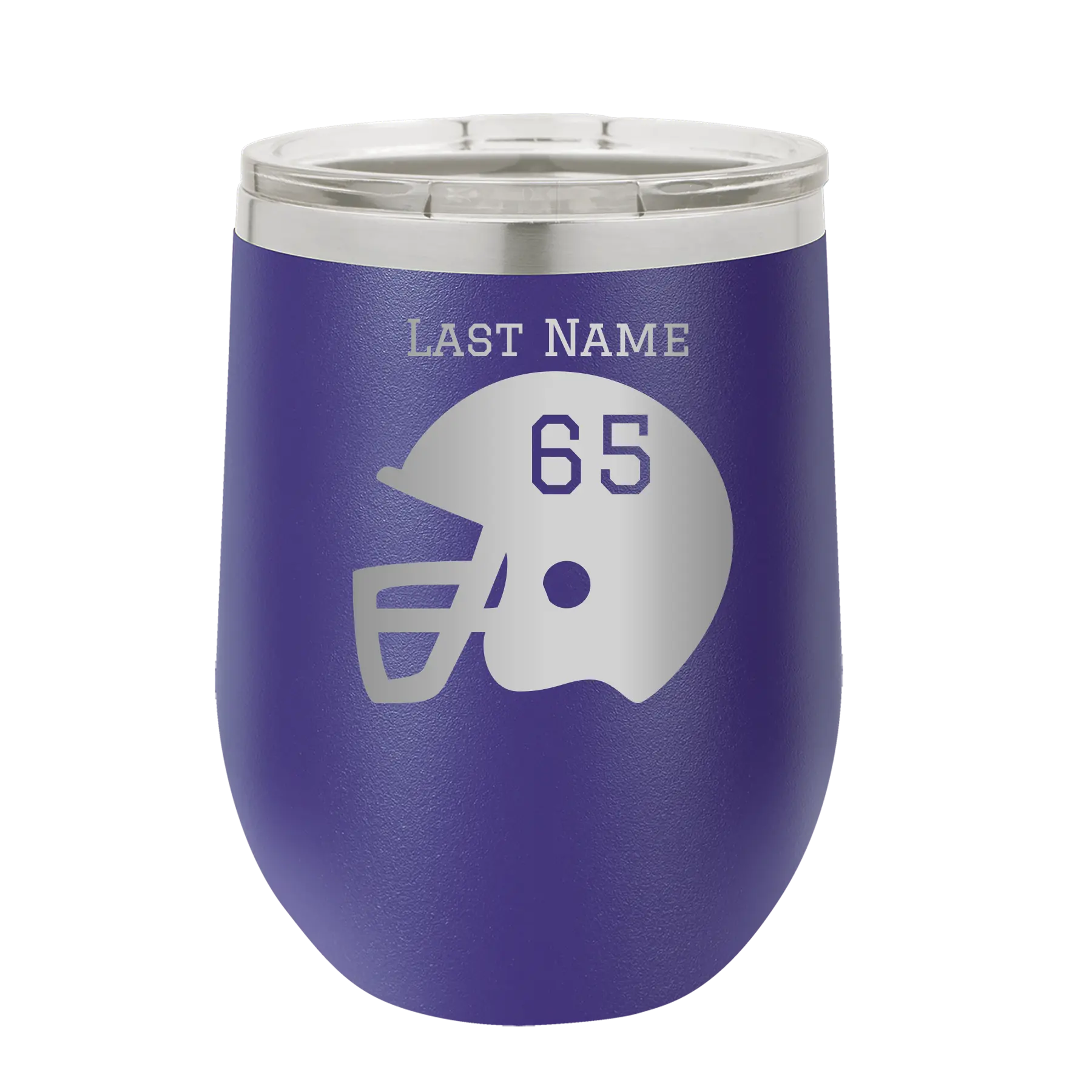 Personalized purple 12 oz vacuum insulated wine cup with 'Football Helmet' design