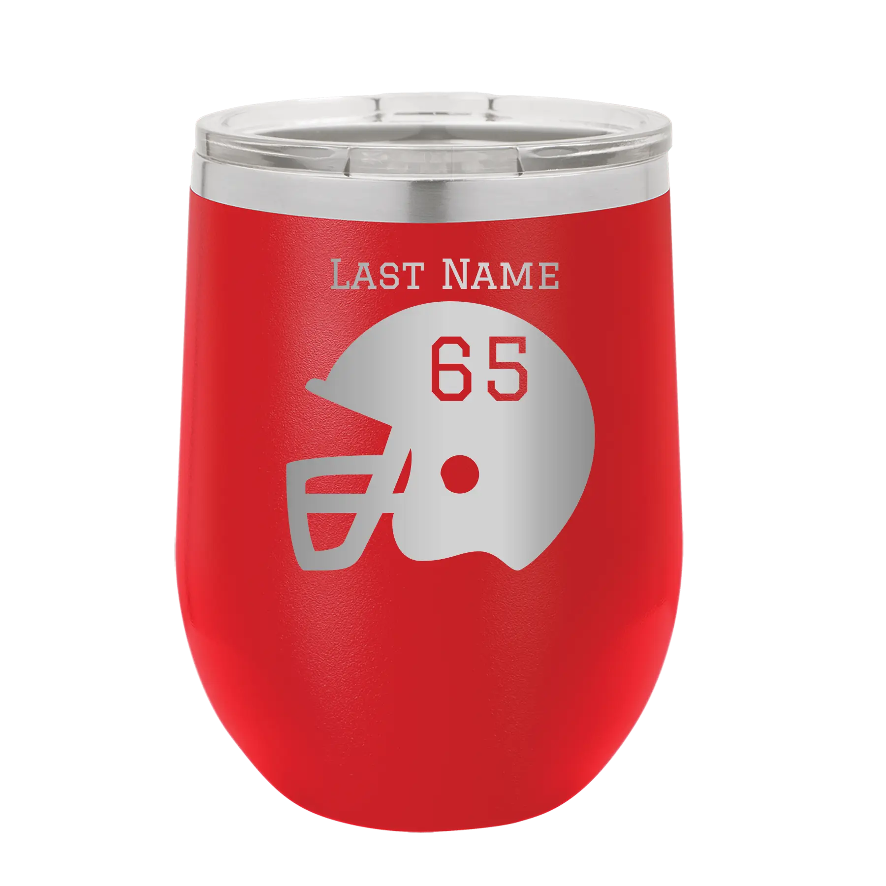 Personalized red 12 oz vacuum insulated wine cup with 'Football Helmet' design