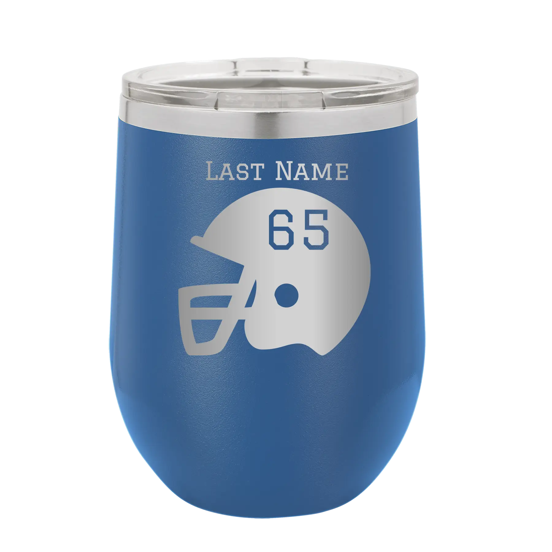 Personalized royal blue 12 oz vacuum insulated wine cup with 'Football Helmet' design