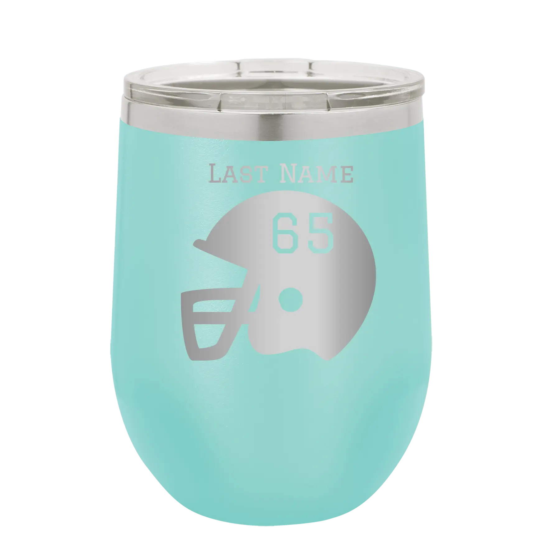 Personalized teal 12 oz vacuum insulated wine cup with 'Football Helmet' design