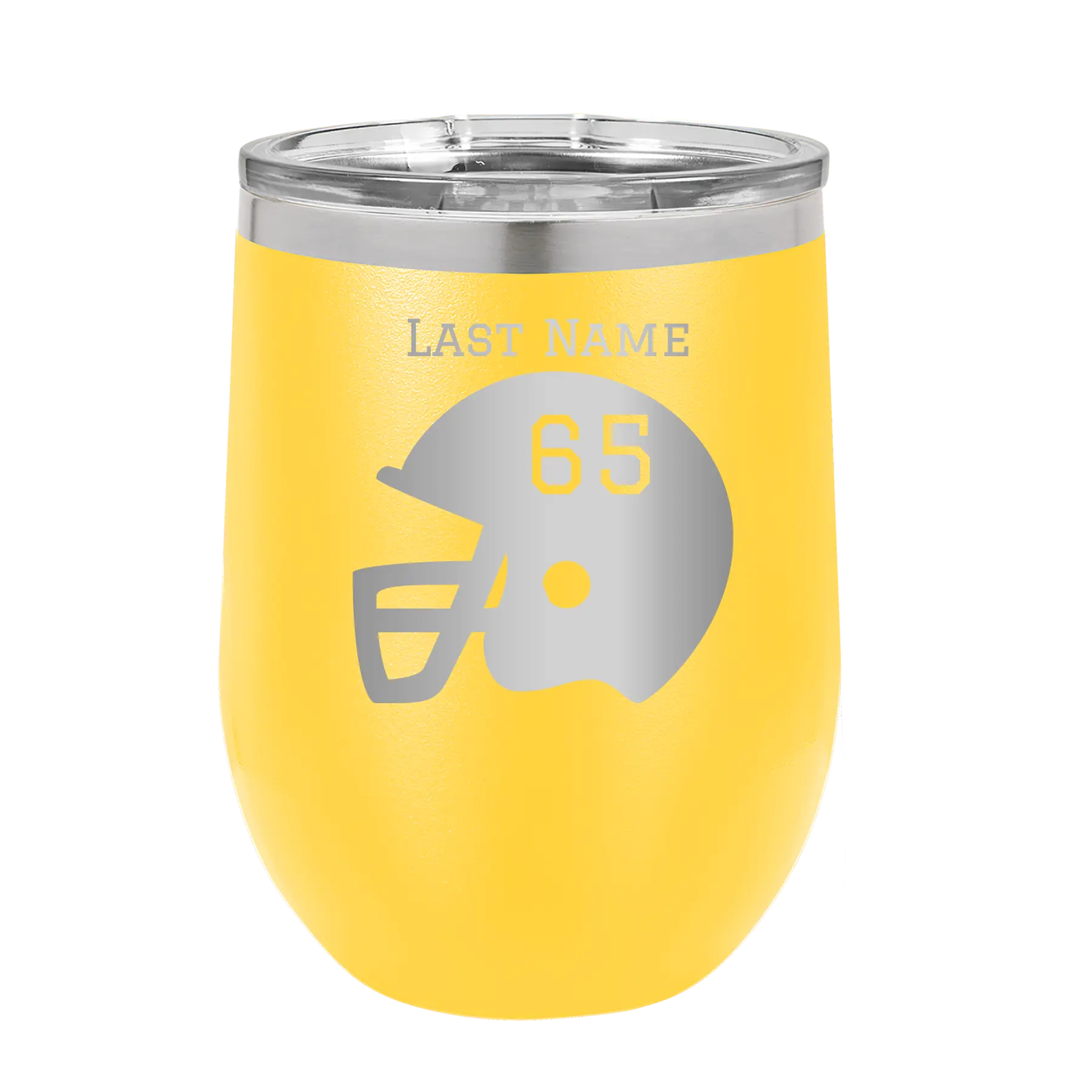 Personalized yellow 12 oz vacuum insulated wine cup with 'Football Helmet' design