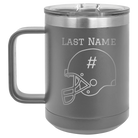 Personalized dark gray 15 oz vacuum insulated coffee mug with 'Football Helmet 2' design