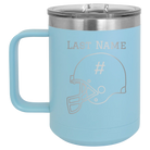 Personalized light blue 15 oz vacuum insulated coffee mug with 'Football Helmet 2' design