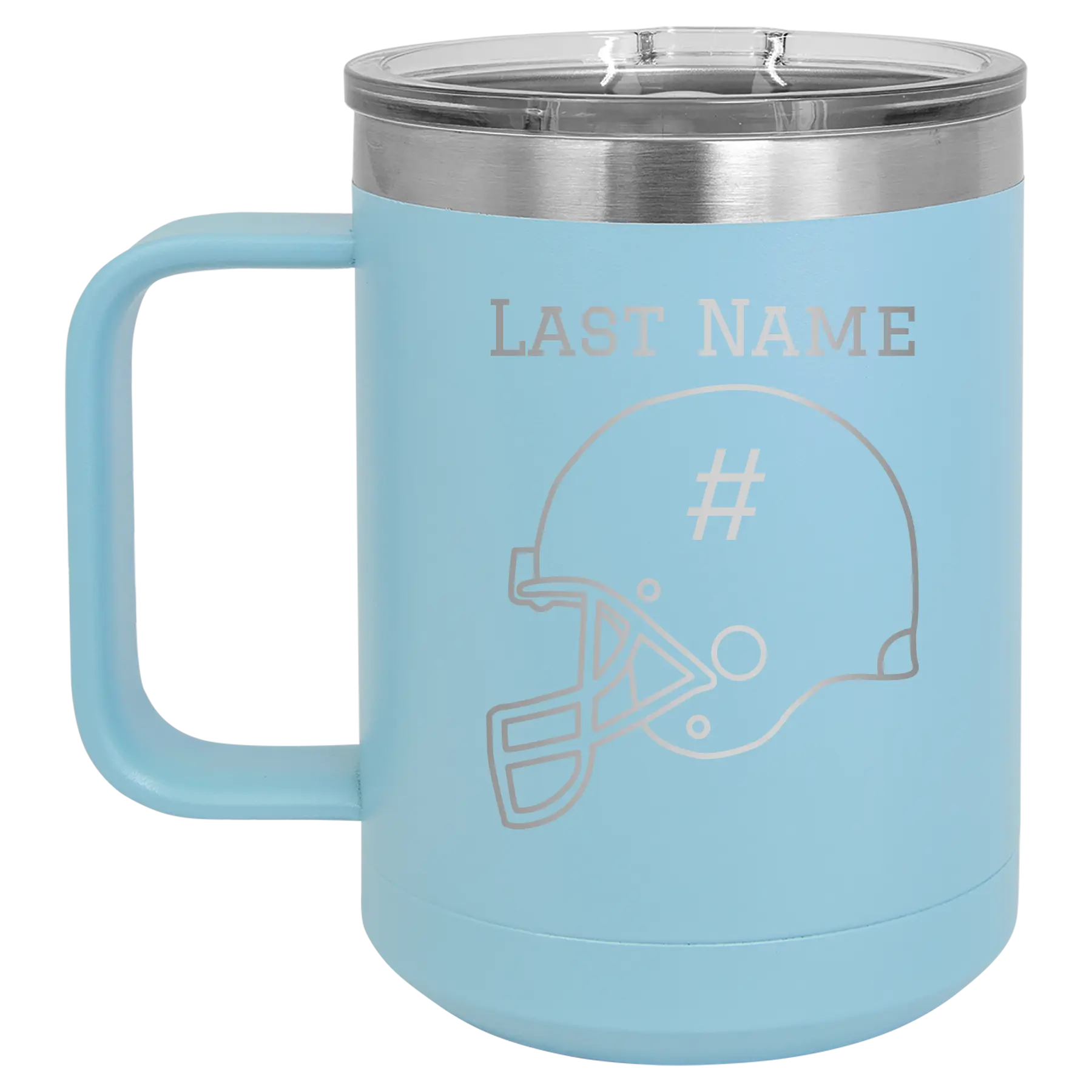 Personalized light blue 15 oz vacuum insulated coffee mug with 'Football Helmet 2' design