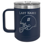 Personalized navy 15 oz vacuum insulated coffee mug with 'Football Helmet 2' design