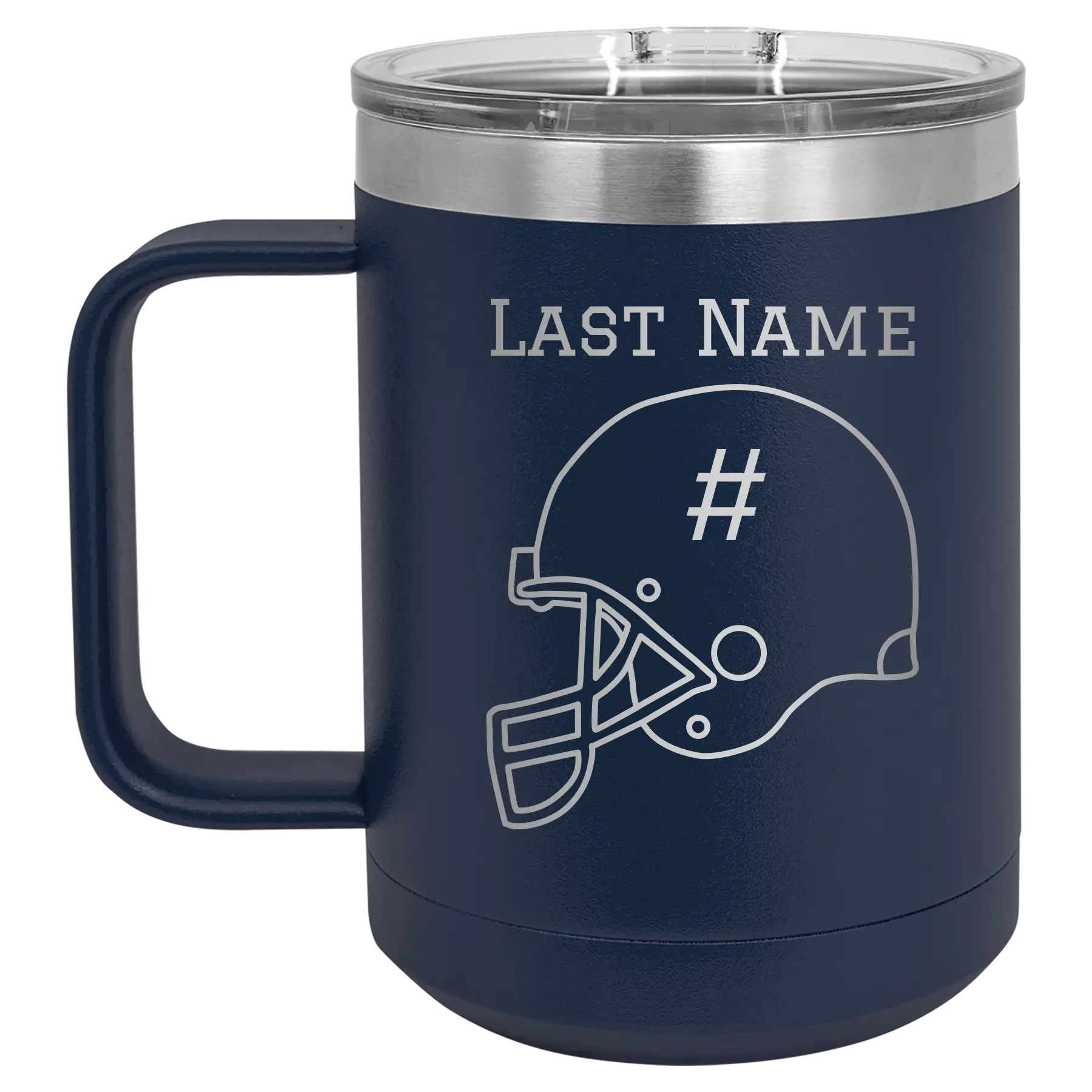 Personalized navy 15 oz vacuum insulated coffee mug with 'Football Helmet 2' design