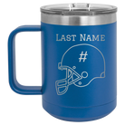 Personalized royal blue 15 oz vacuum insulated coffee mug with 'Football Helmet 2' design