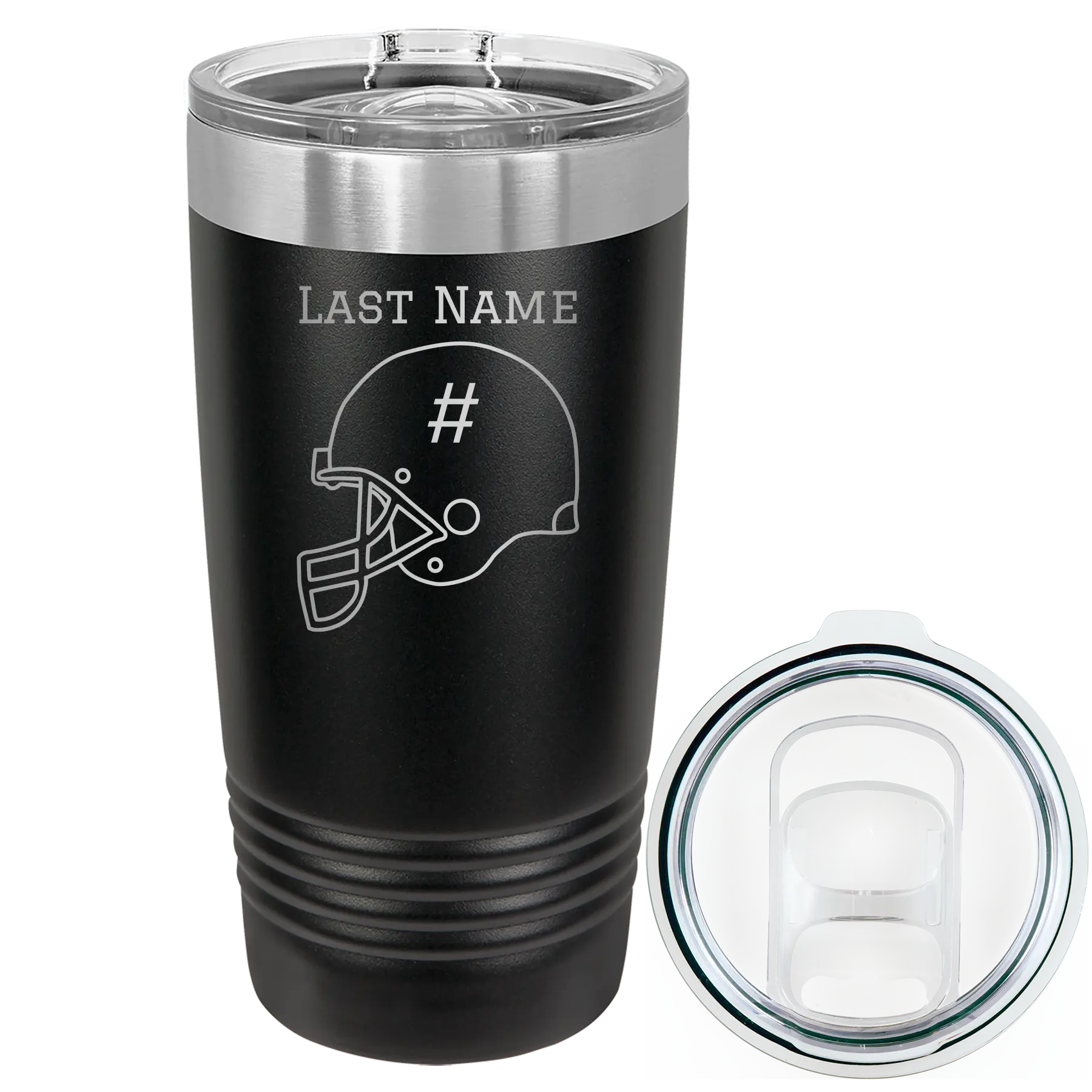 Personalized black 20 oz vacuum insulated tumbler with 'Football Helmet 2' design