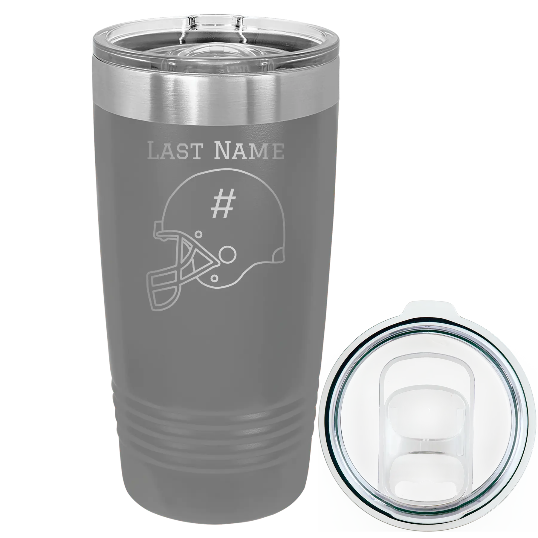 Personalized dark gray 20 oz vacuum insulated tumbler with 'Football Helmet 2' design