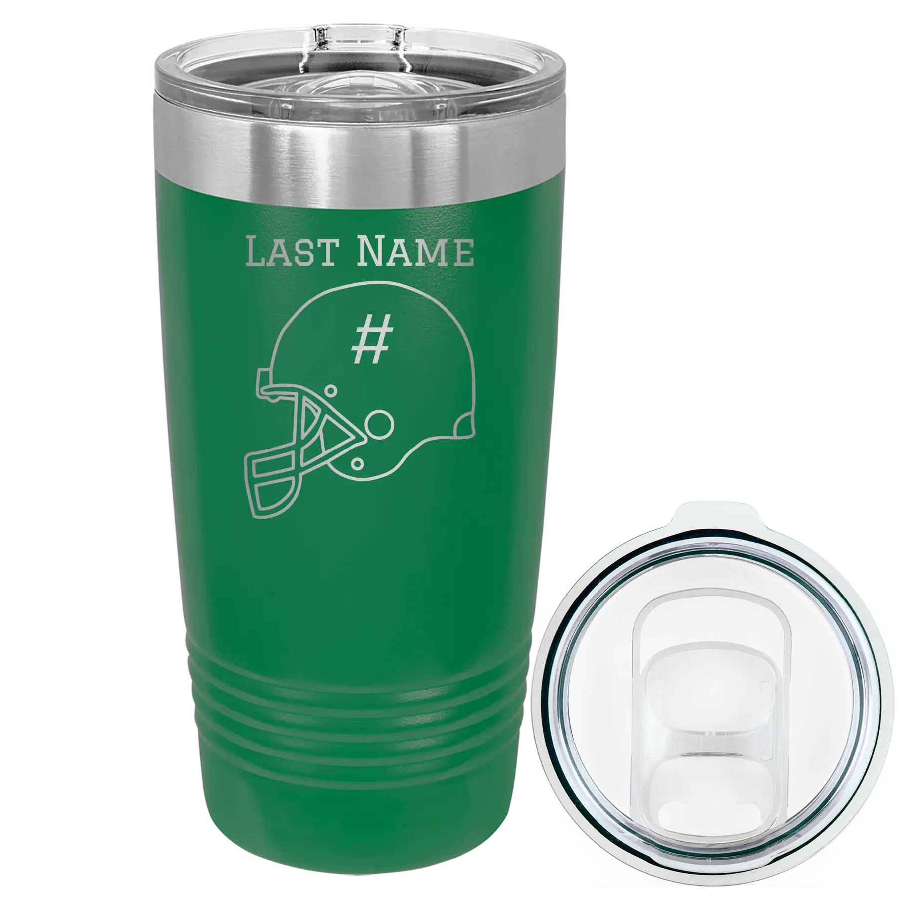 Personalized green 20 oz vacuum insulated tumbler with 'Football Helmet 2' design