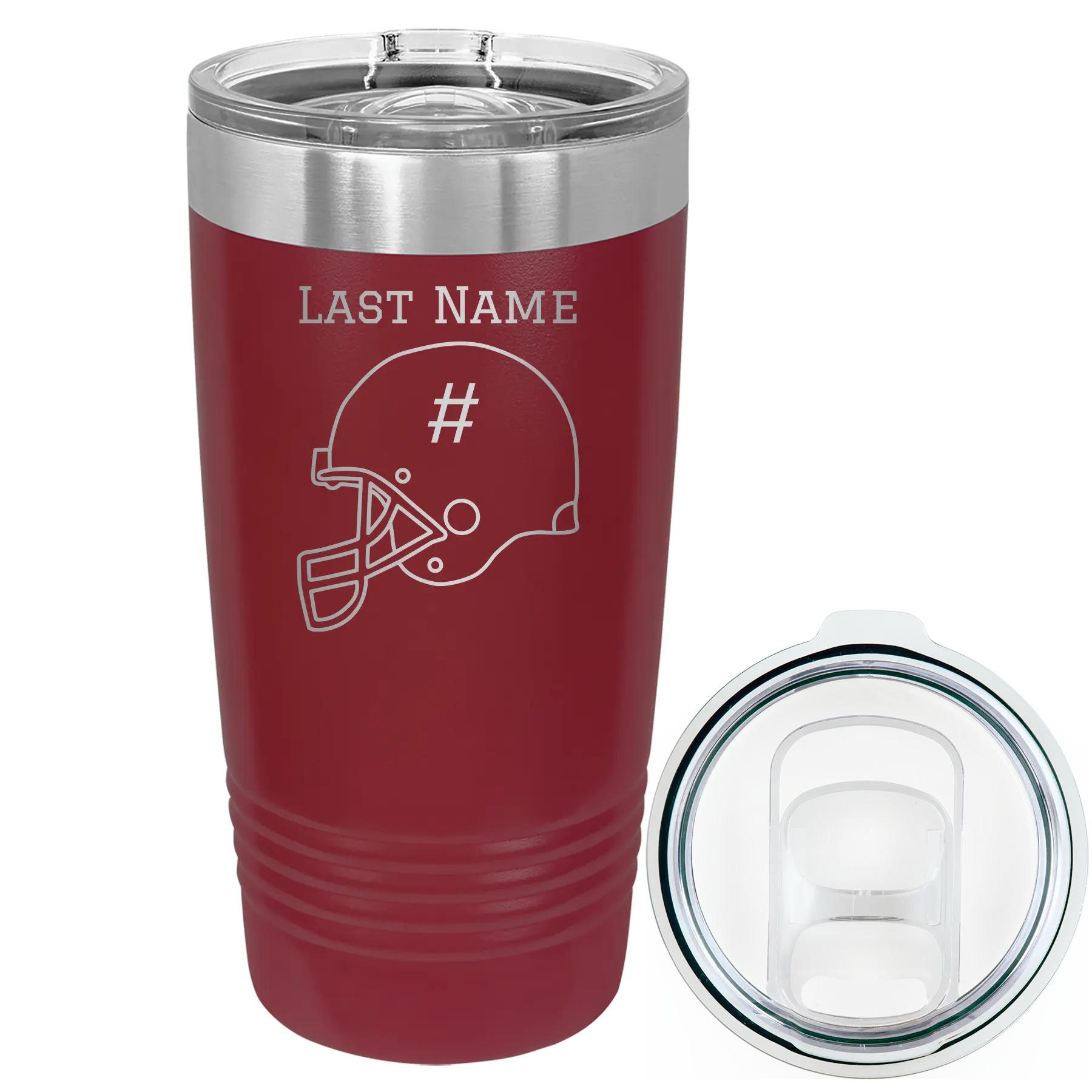 Personalized maroon 20 oz vacuum insulated tumbler with 'Football Helmet 2' design