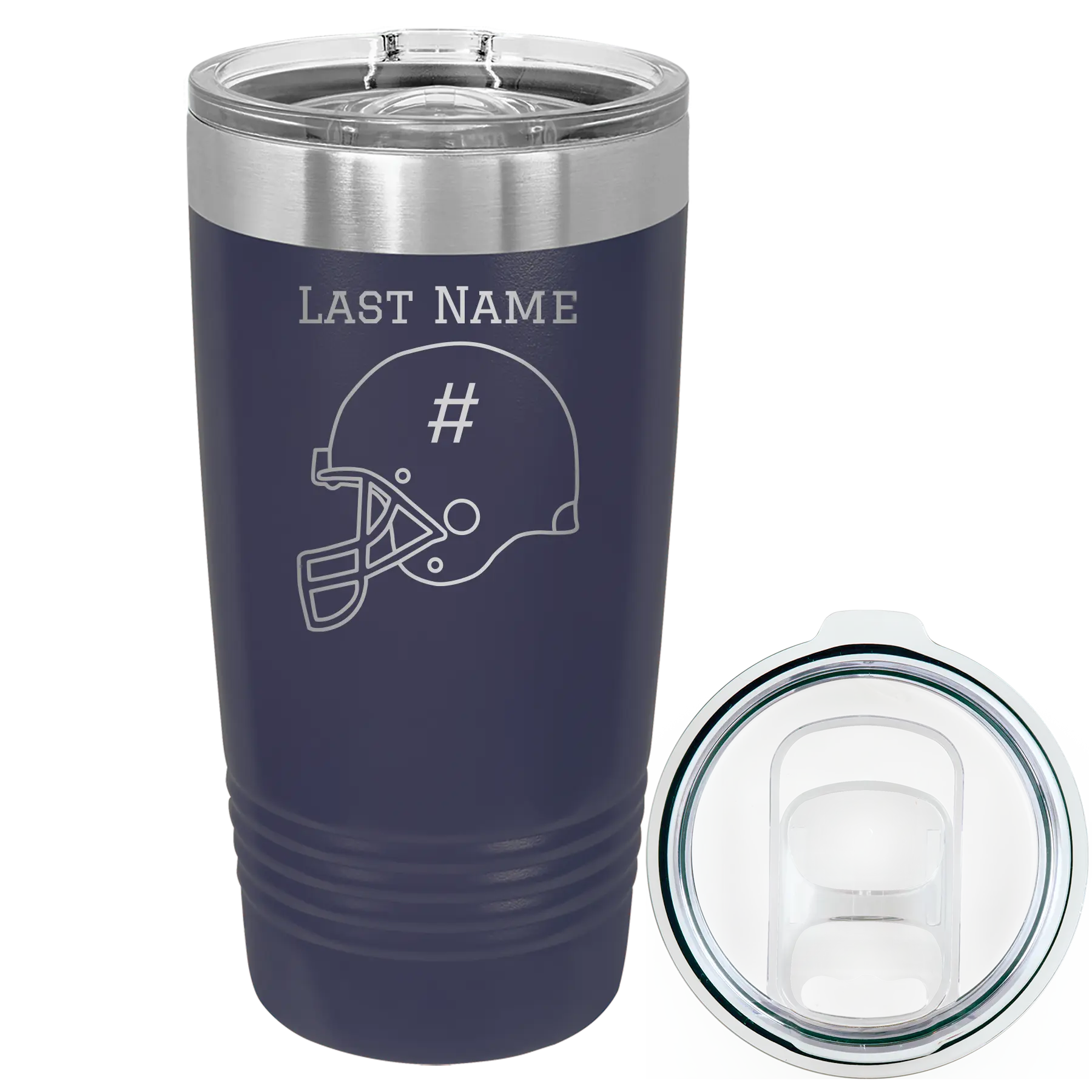 Personalized navy 20 oz vacuum insulated tumbler with 'Football Helmet 2' design