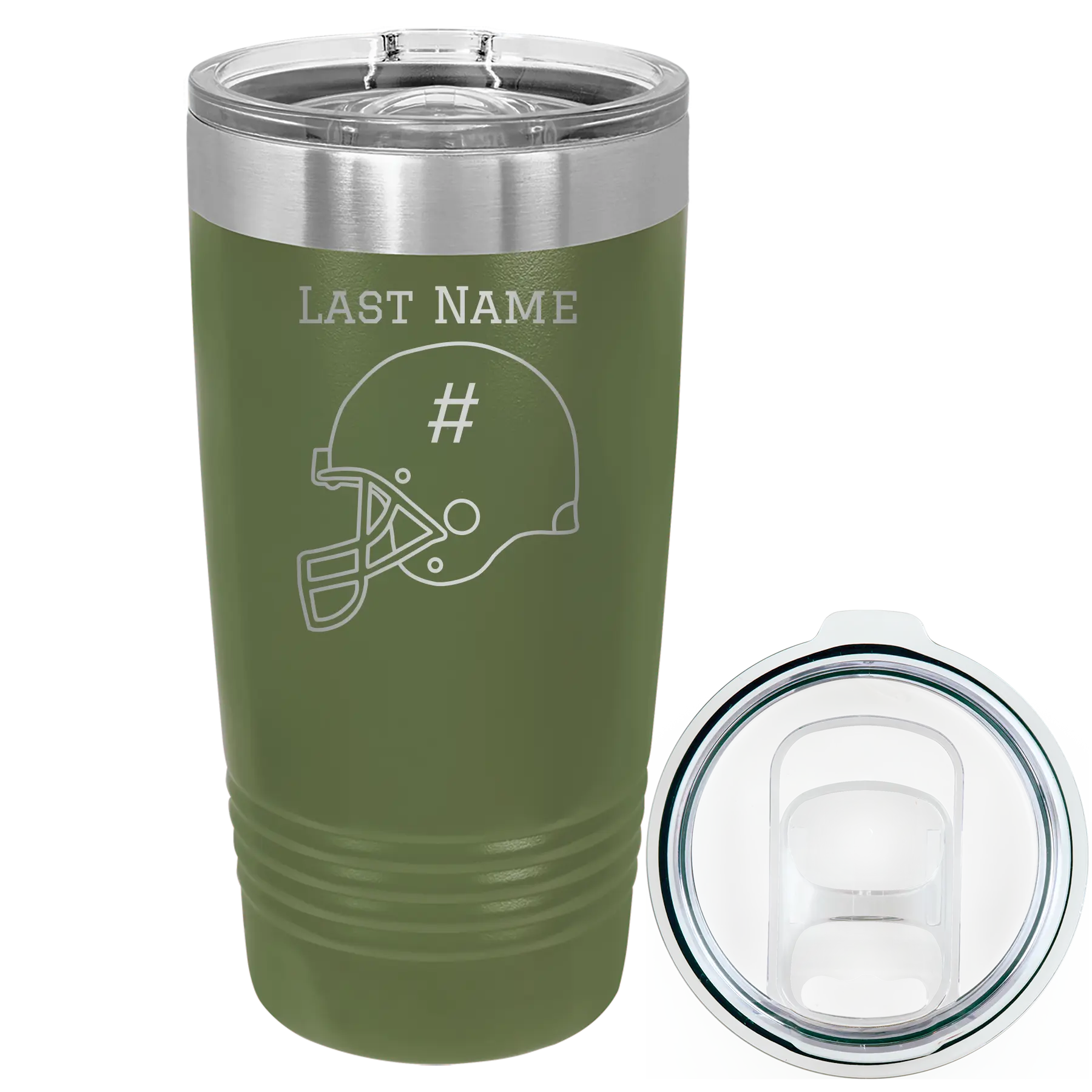 Personalized olive green 20 oz vacuum insulated tumbler with 'Football Helmet 2' design