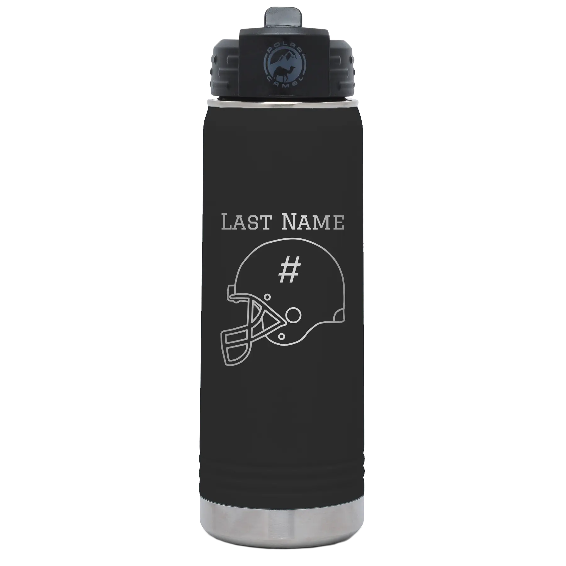 Personalized black 20 oz vacuum insulated water bottle with 'Football Helmet 2' design