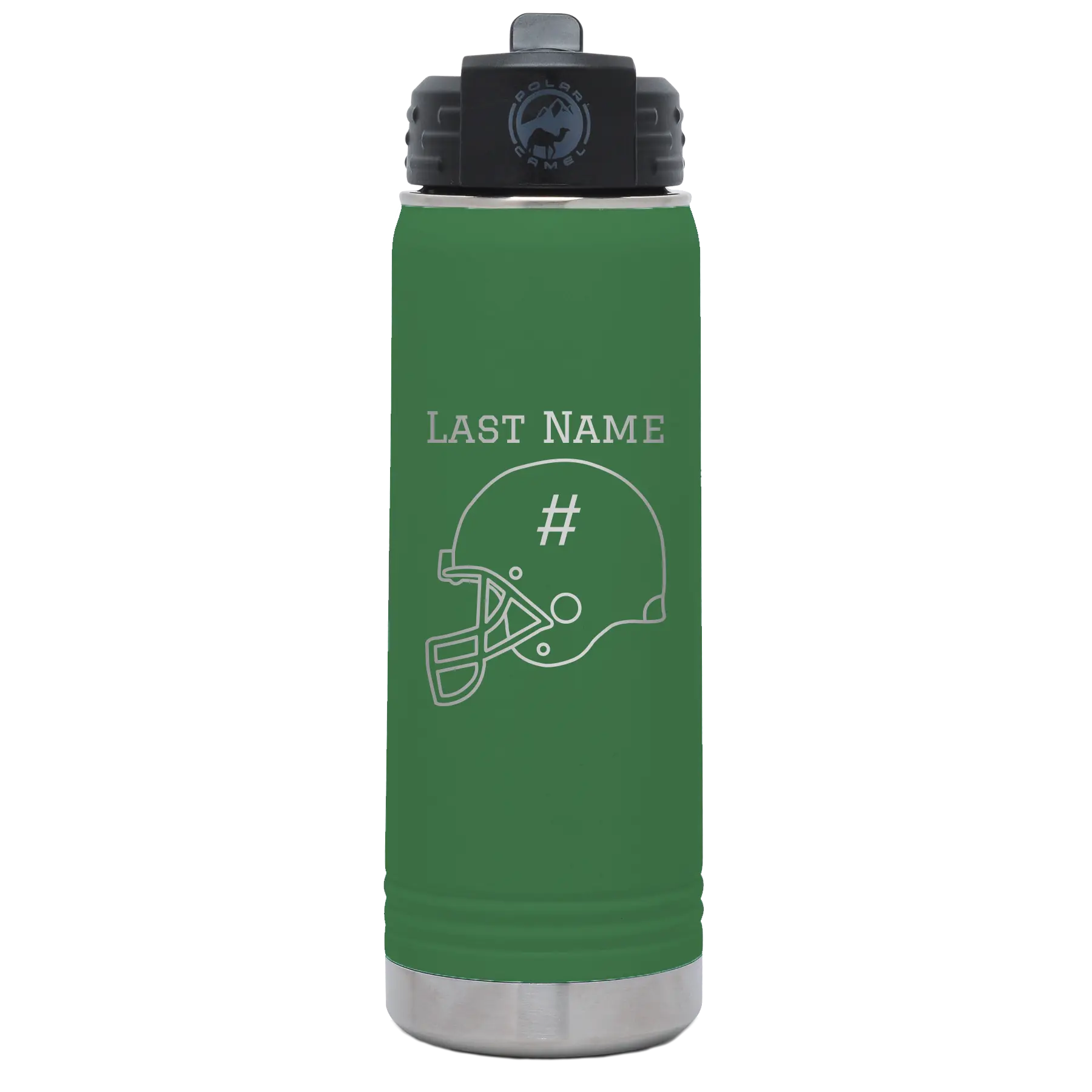 Personalized green 20 oz vacuum insulated water bottle with 'Football Helmet 2' design