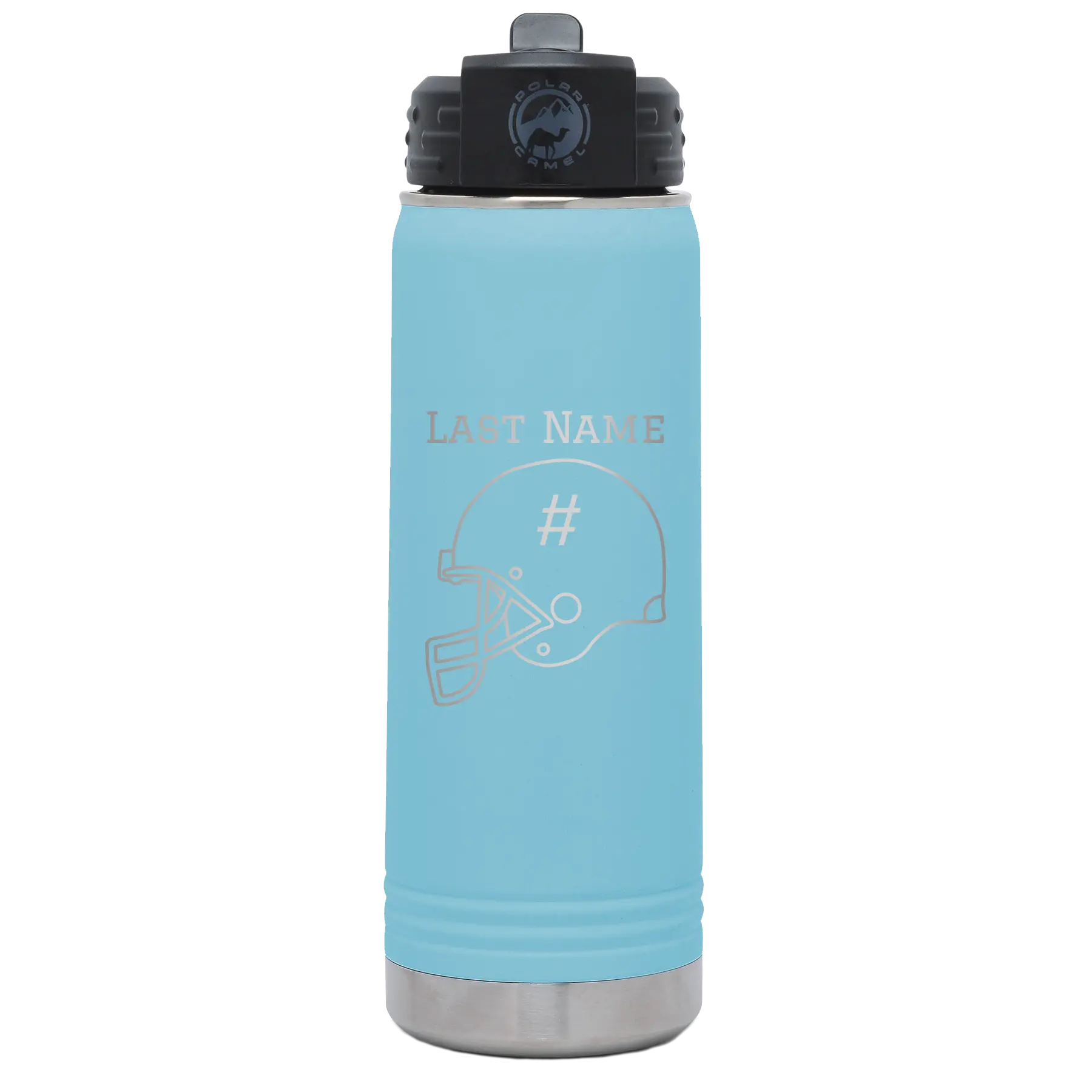 Personalized light blue 20 oz vacuum insulated water bottle with 'Football Helmet 2' design