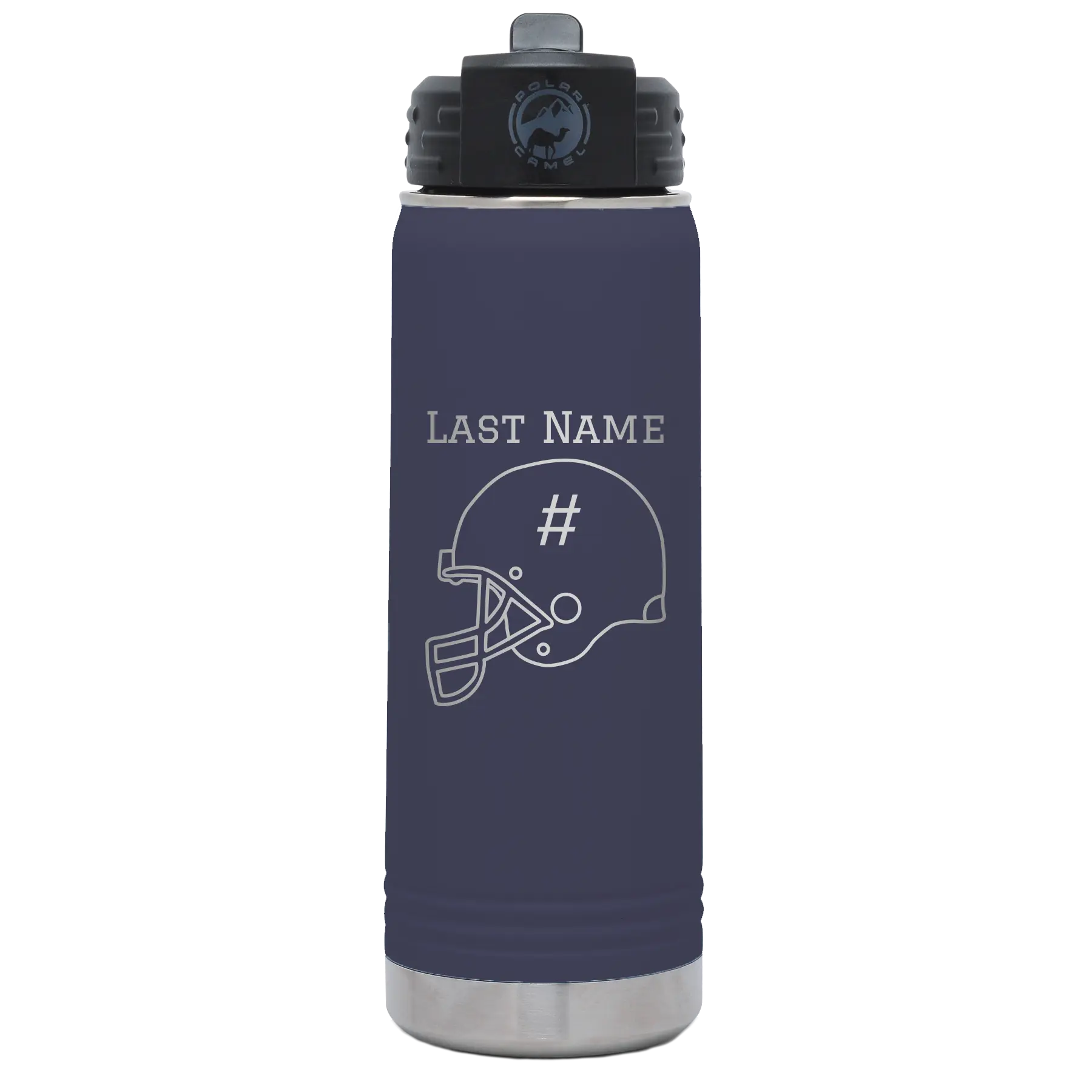 Personalized navy 20 oz vacuum insulated water bottle with 'Football Helmet 2' design