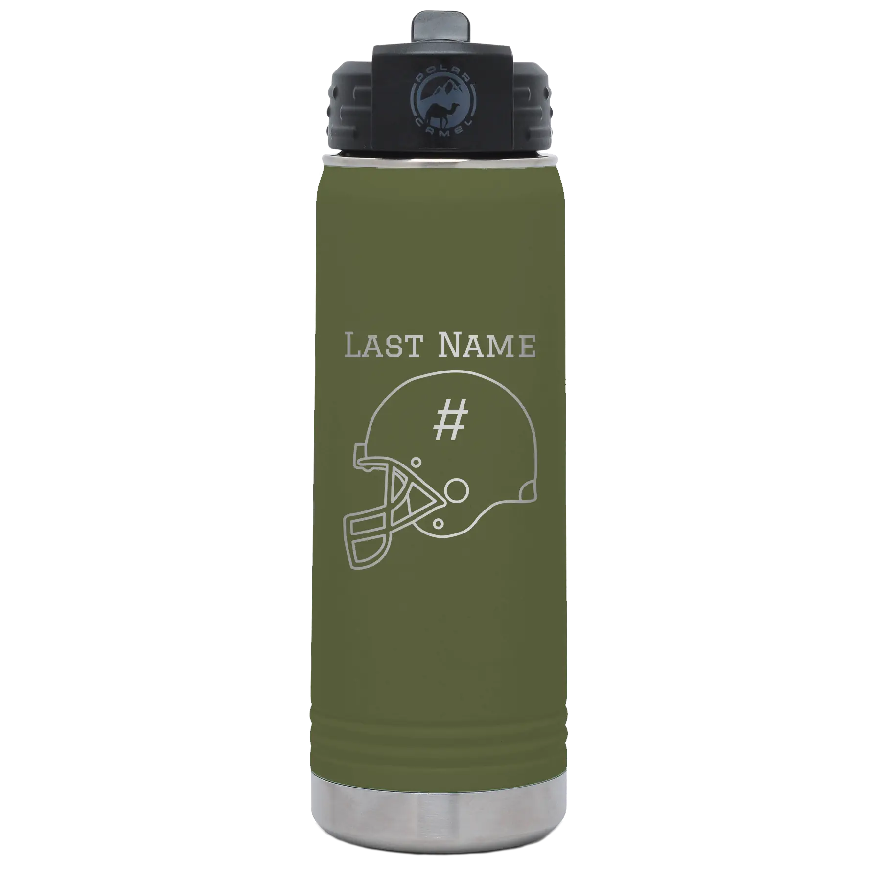 Personalized olive green 20 oz vacuum insulated water bottle with 'Football Helmet 2' design