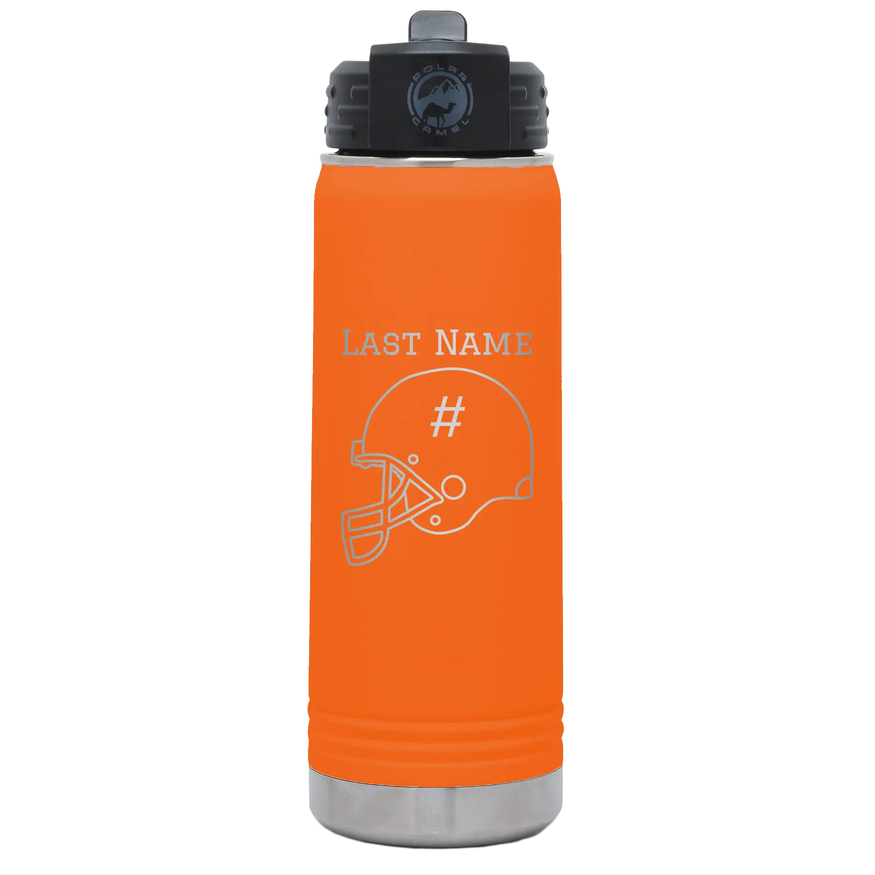 Personalized orange 20 oz vacuum insulated water bottle with 'Football Helmet 2' design