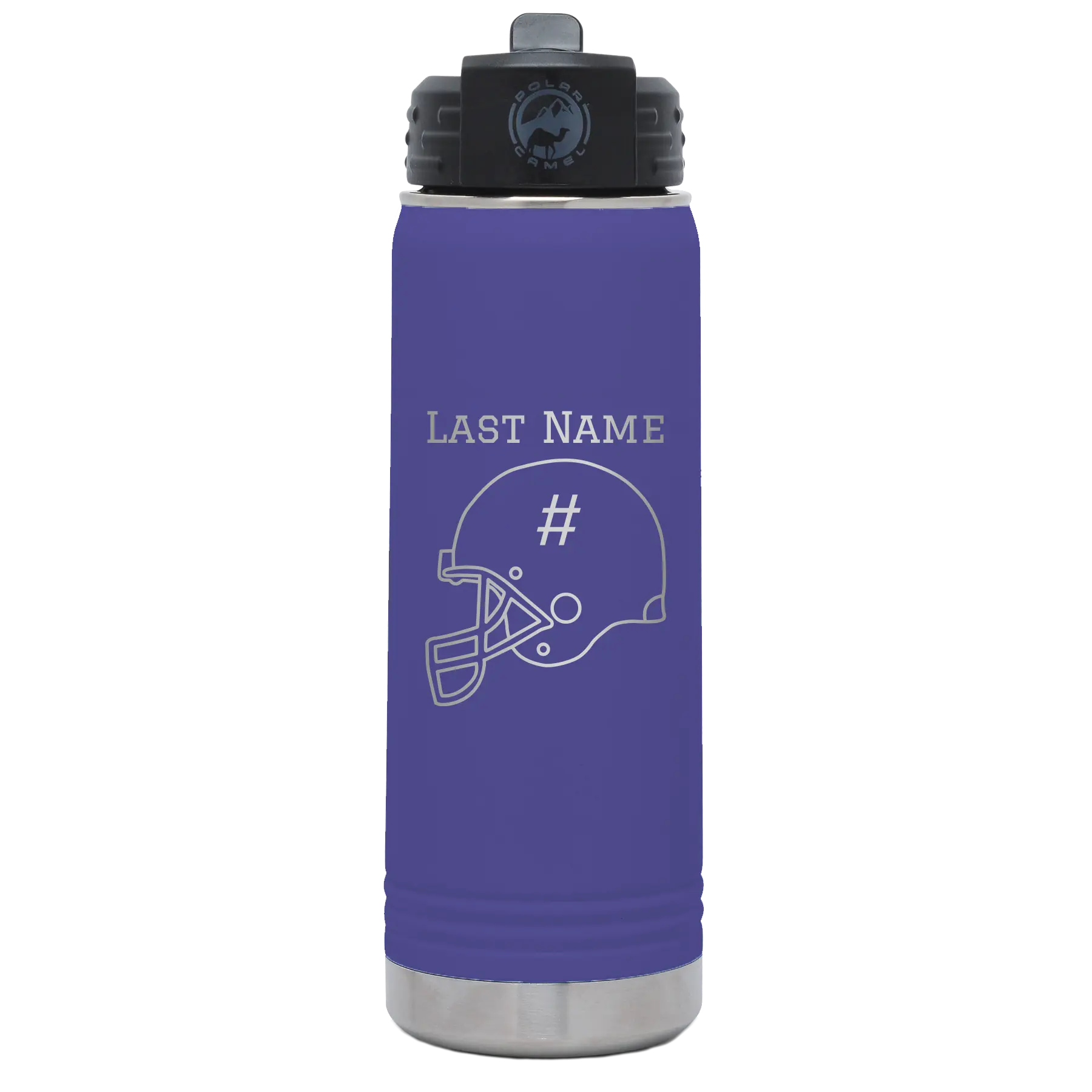 Personalized purple 20 oz vacuum insulated water bottle with 'Football Helmet 2' design