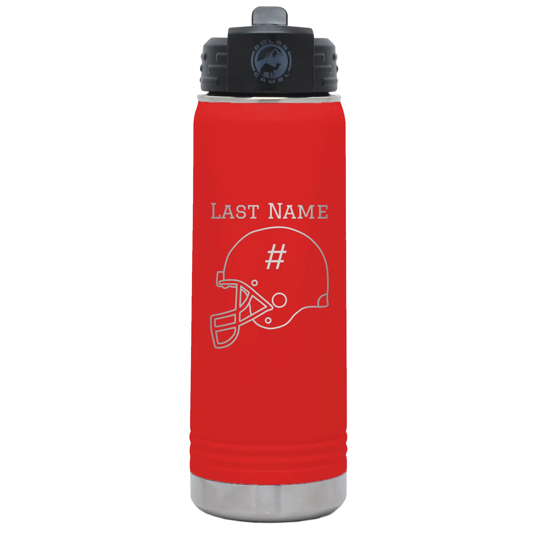 Personalized red 20 oz vacuum insulated water bottle with 'Football Helmet 2' design