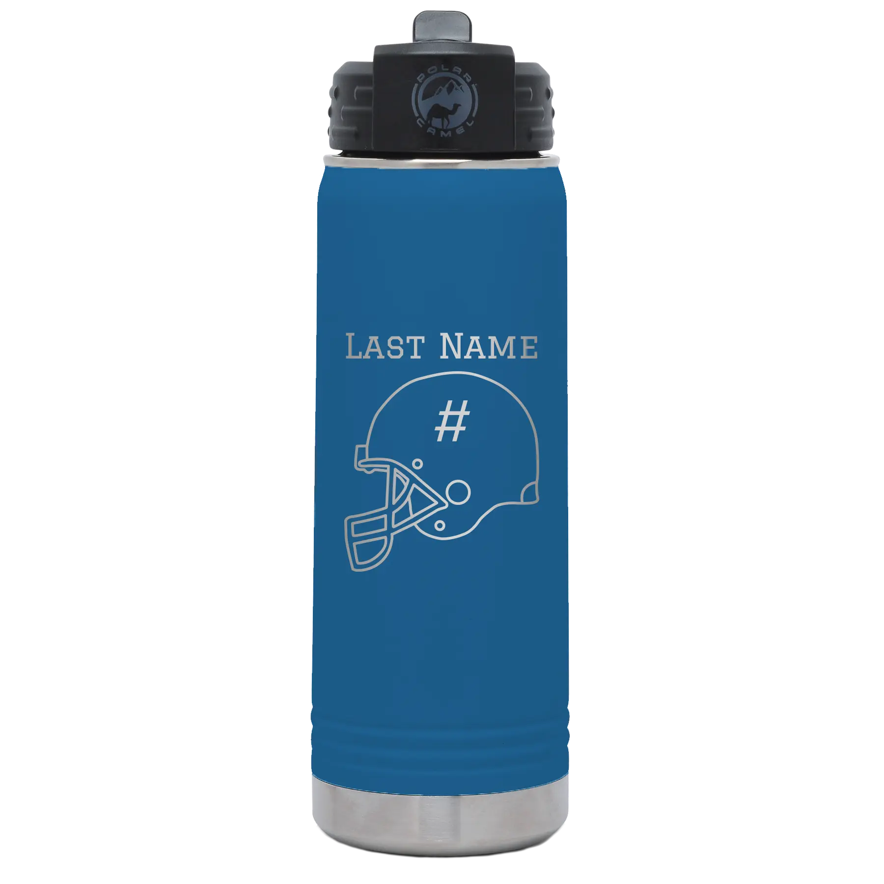 Personalized royal blue 20 oz vacuum insulated water bottle with 'Football Helmet 2' design