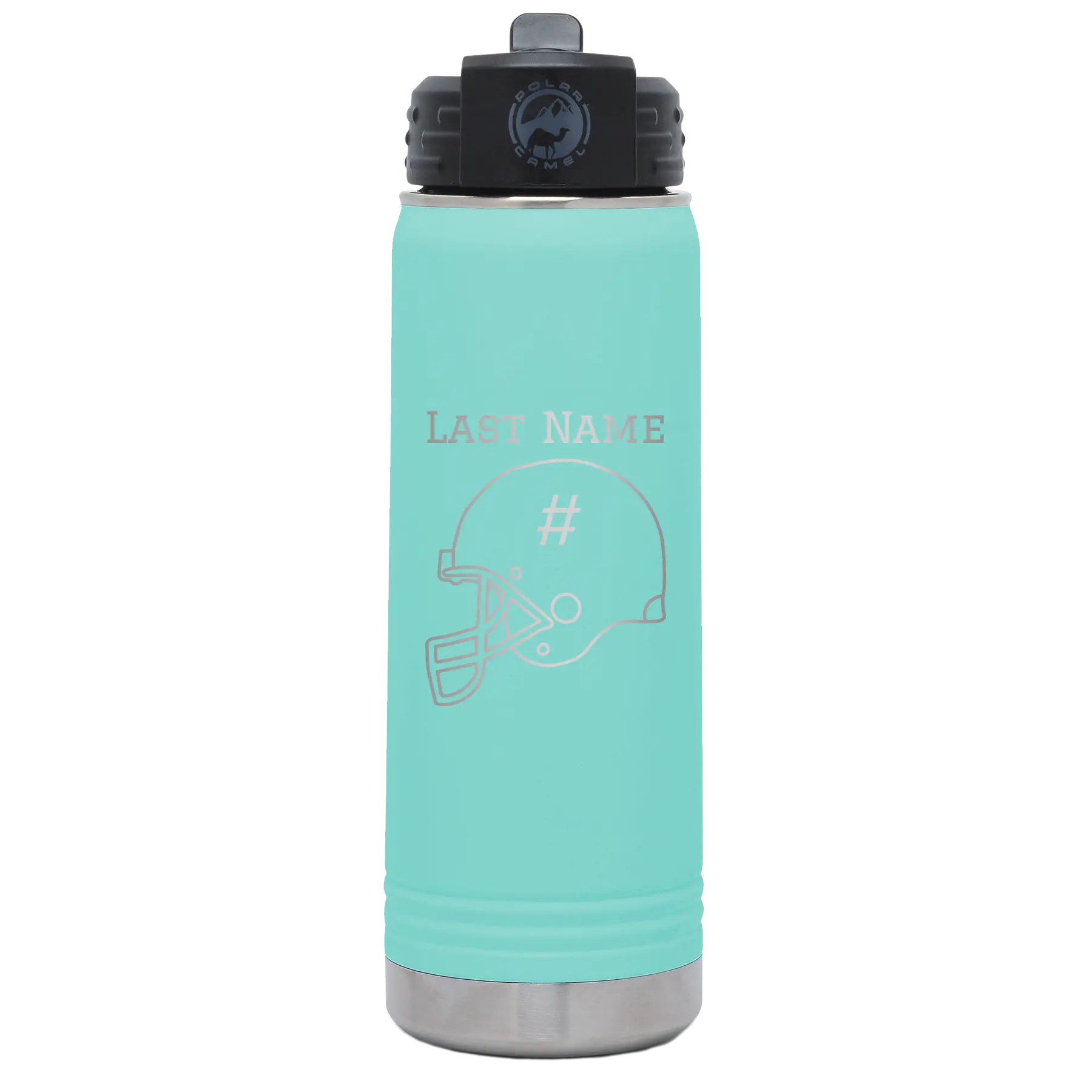 Personalized teal 20 oz vacuum insulated water bottle with 'Football Helmet 2' design
