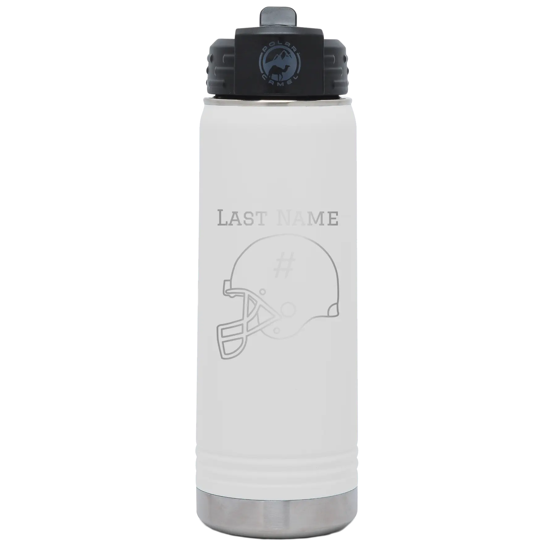 Personalized white 20 oz vacuum insulated water bottle with 'Football Helmet 2' design