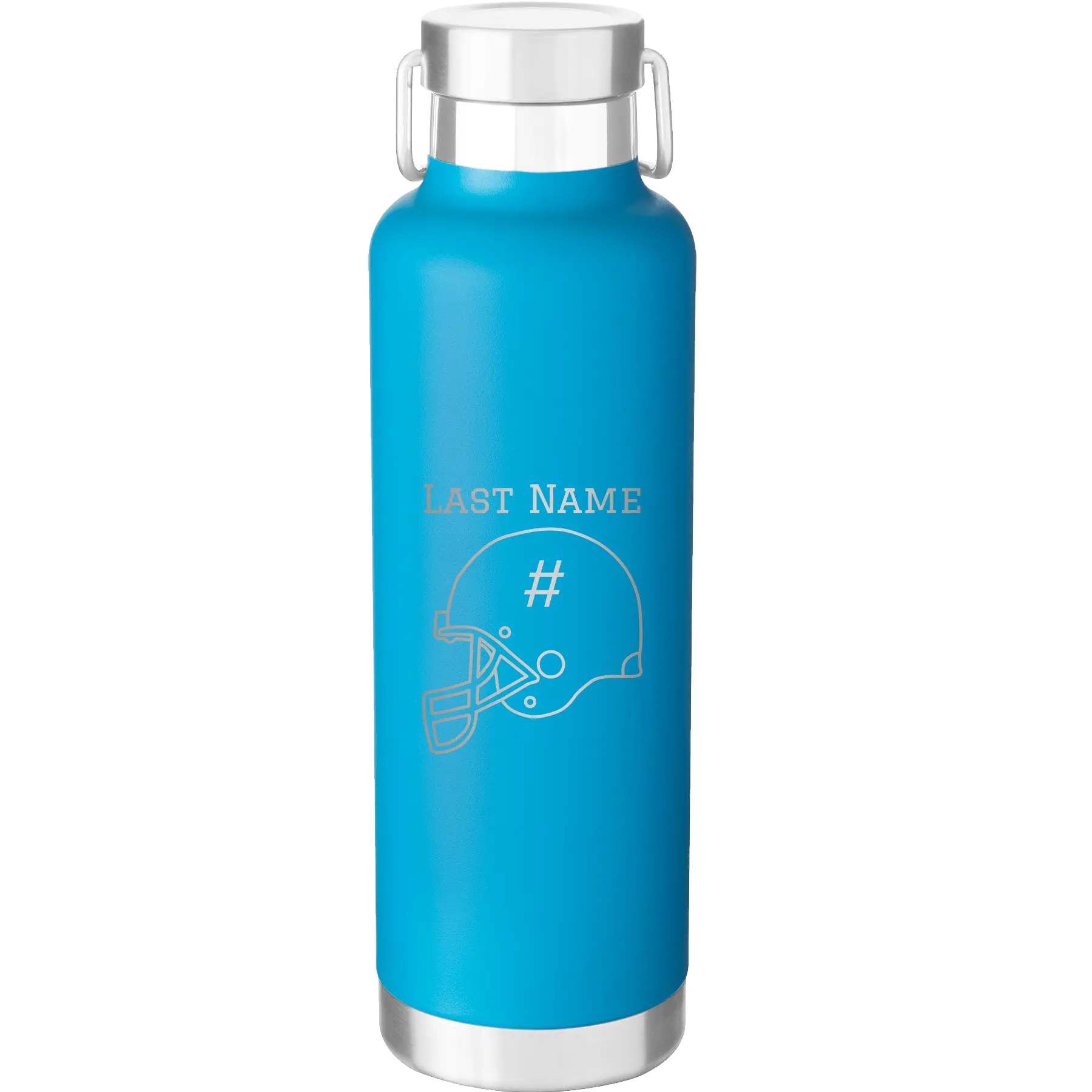 Personalized aqua 24 oz vacuum insulated water bottle with 'Football Helmet 2' design