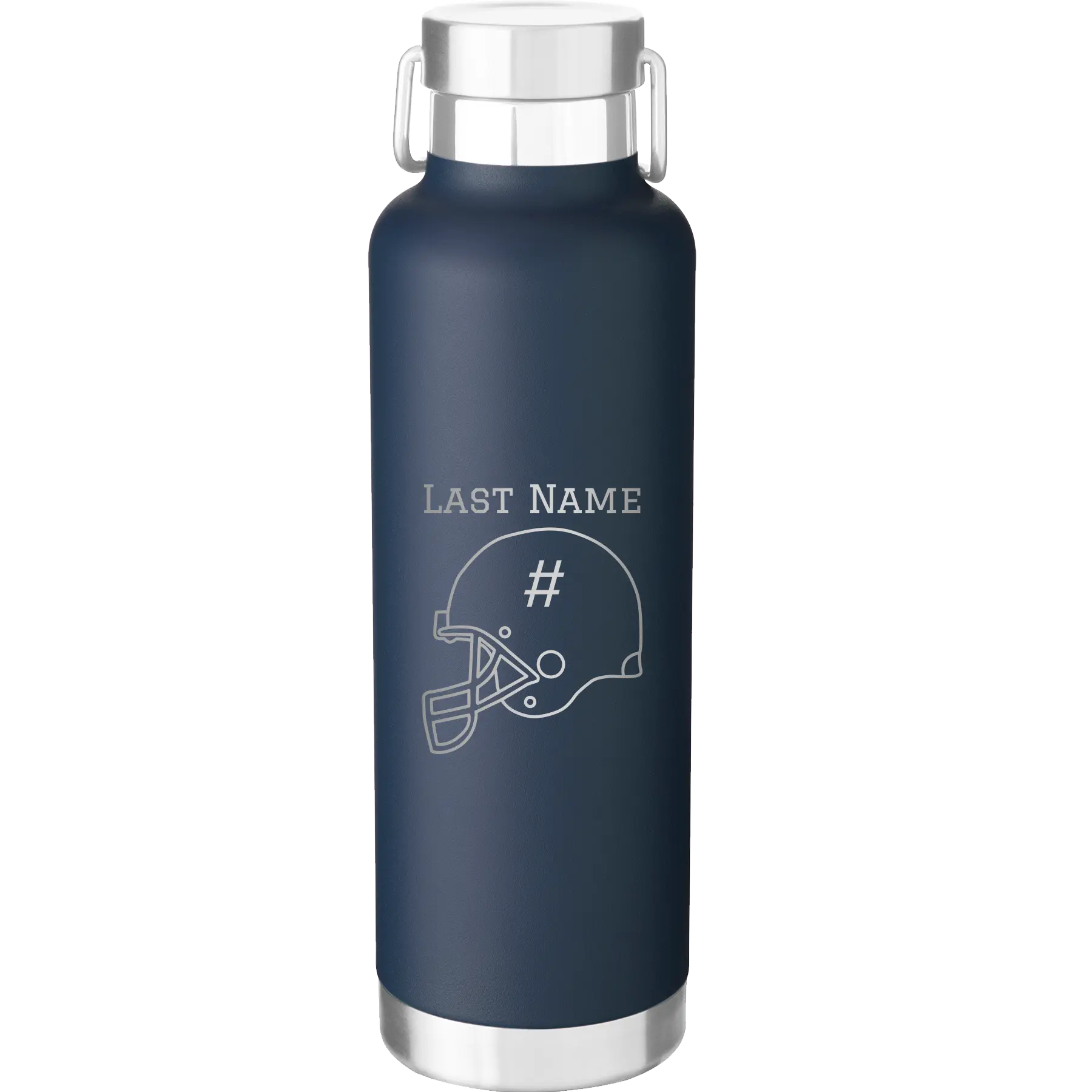 Personalized navy 24 oz vacuum insulated water bottle with 'Football Helmet 2' design
