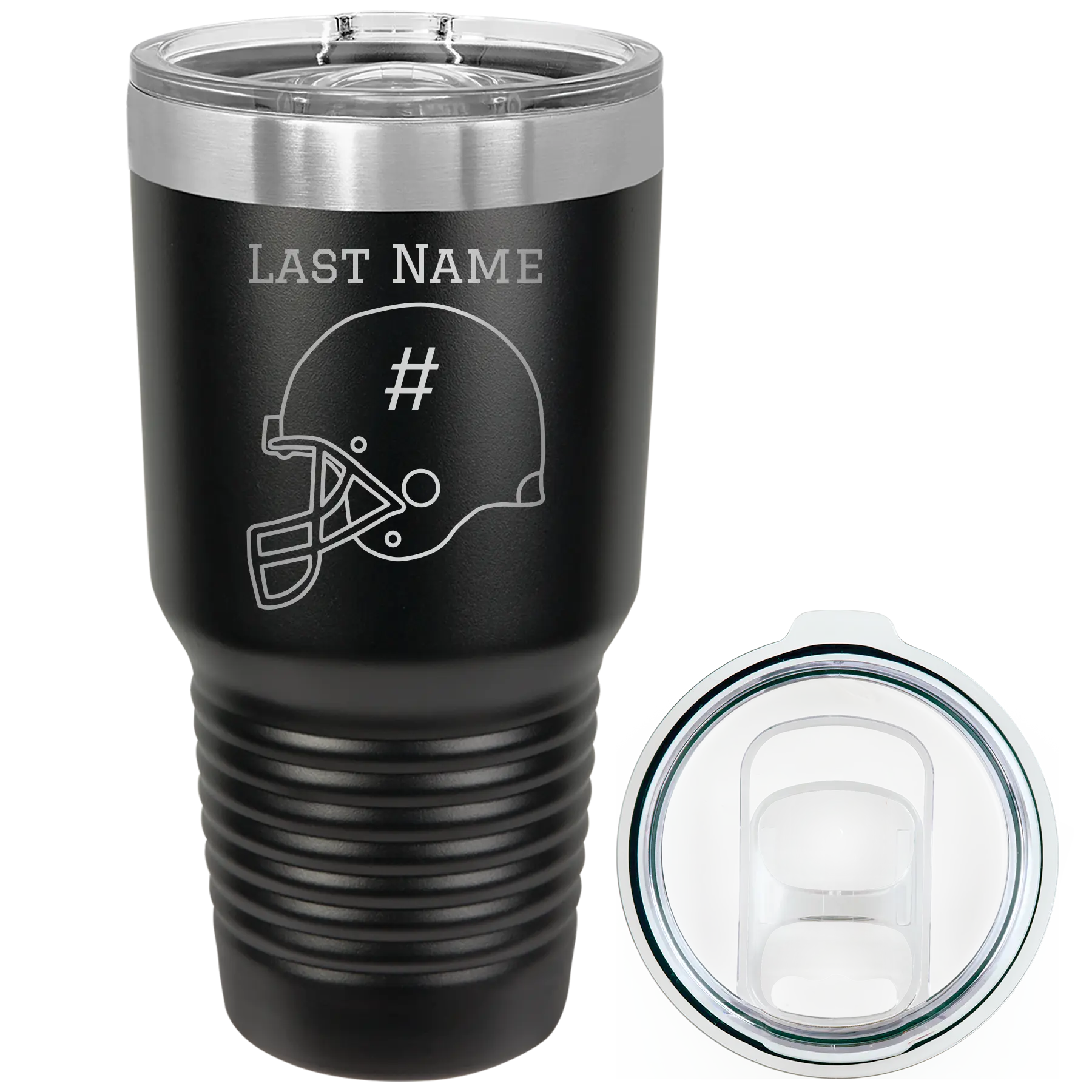 Personalized black 30 oz vacuum insulated tumbler with 'Football Helmet 2' design