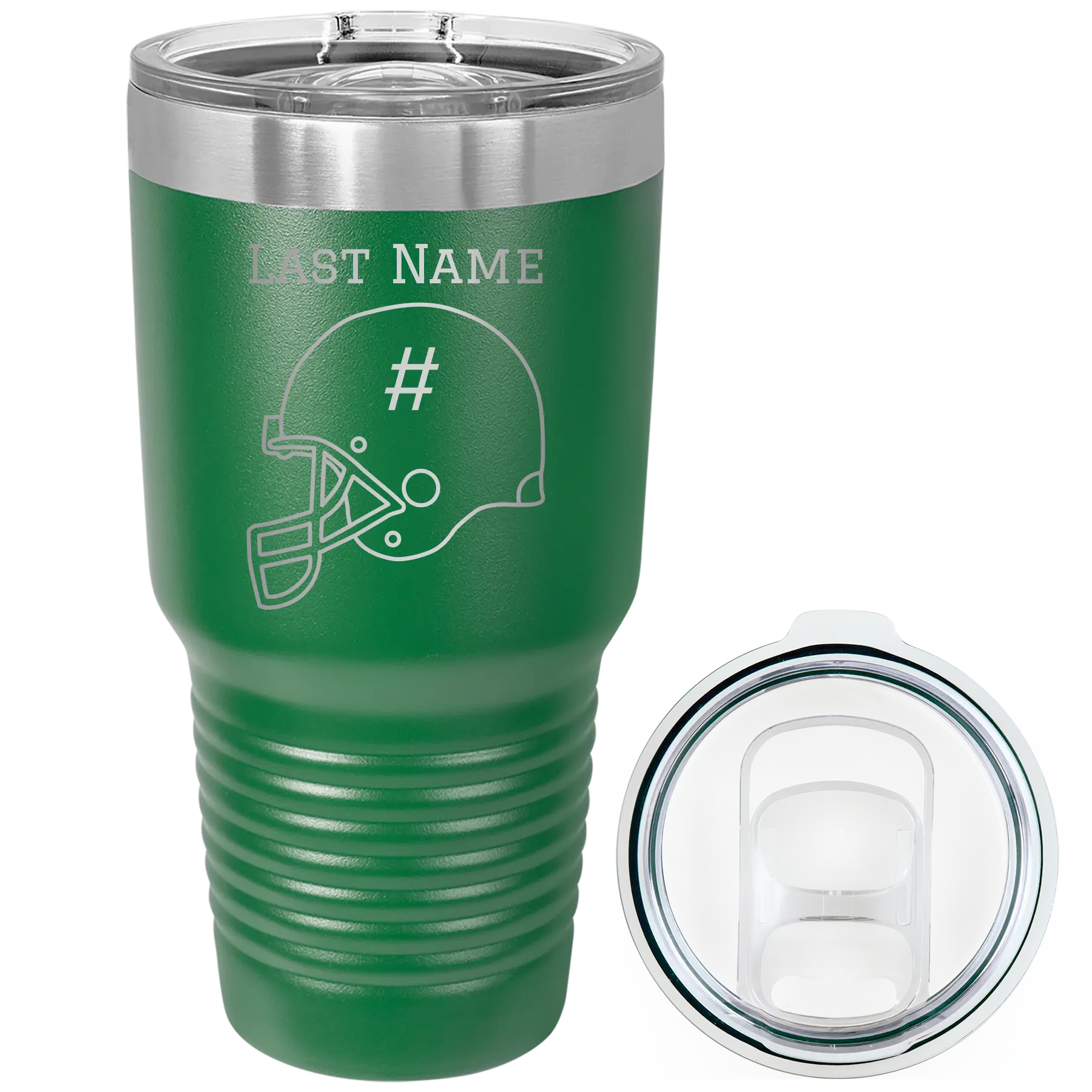 Personalized green 30 oz vacuum insulated tumbler with 'Football Helmet 2' design