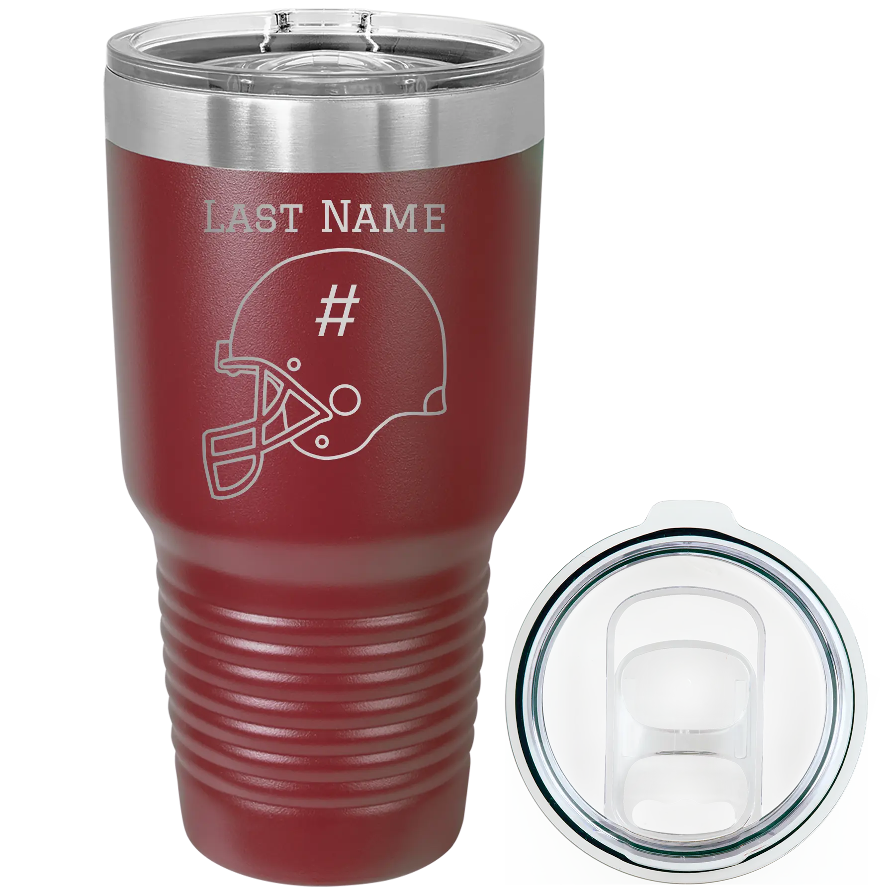 Personalized maroon 30 oz vacuum insulated tumbler with 'Football Helmet 2' design