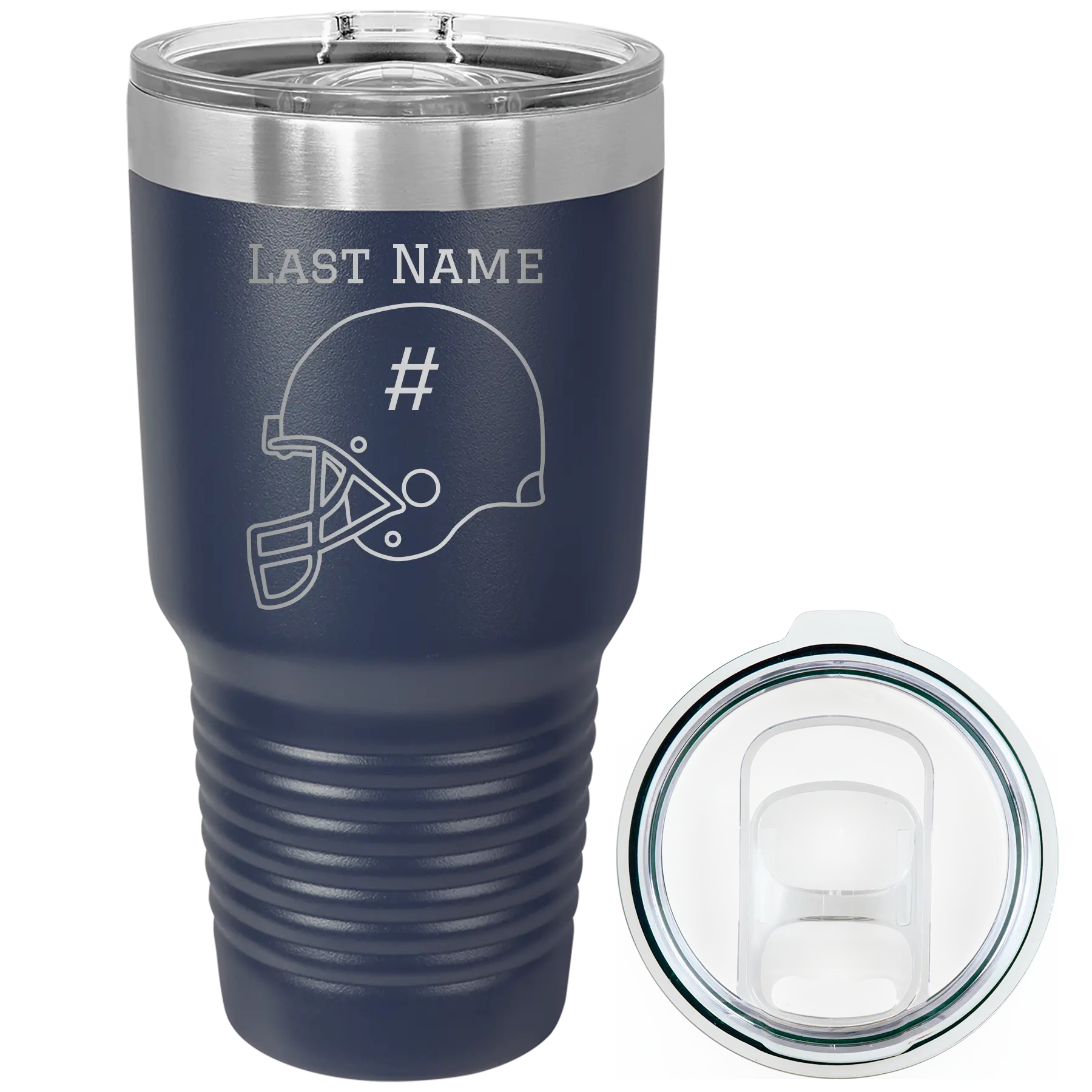 Personalized navy 30 oz vacuum insulated tumbler with 'Football Helmet 2' design