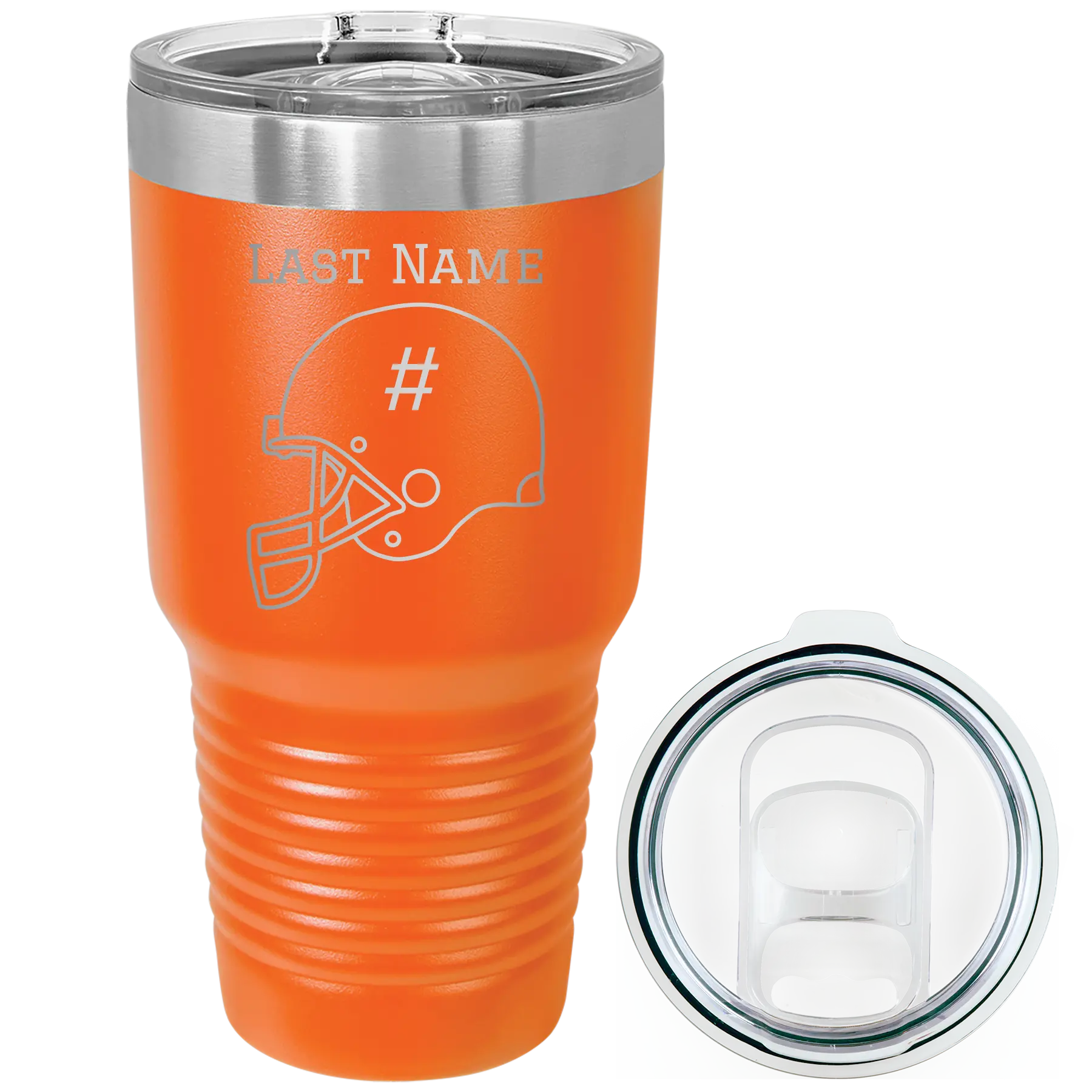 Personalized orange 30 oz vacuum insulated tumbler with 'Football Helmet 2' design