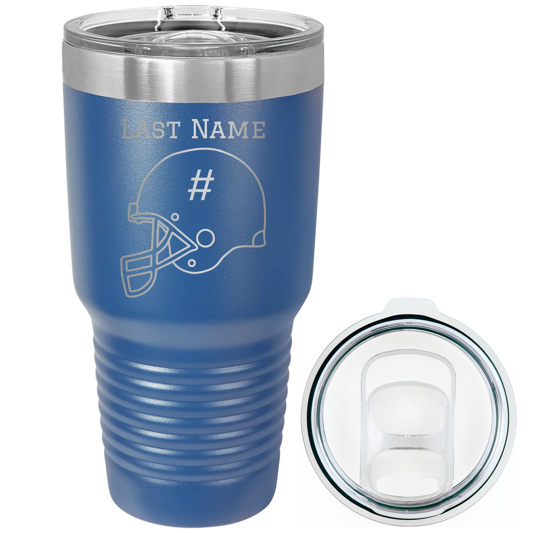 Personalized royal blue 30 oz vacuum insulated tumbler with 'Football Helmet 2' design