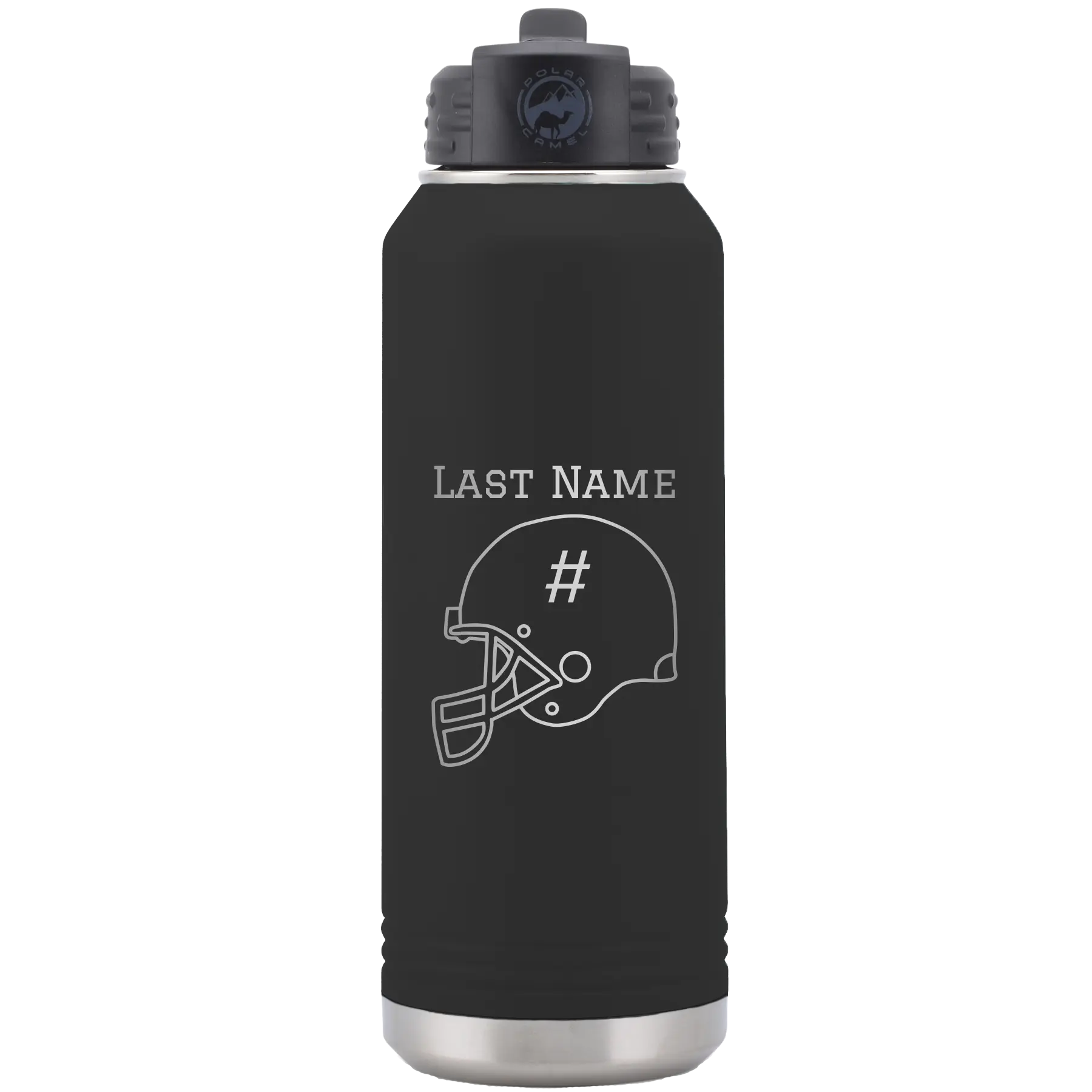 Personalized black 32 oz vacuum insulated water bottle with 'Football Helmet 2' design