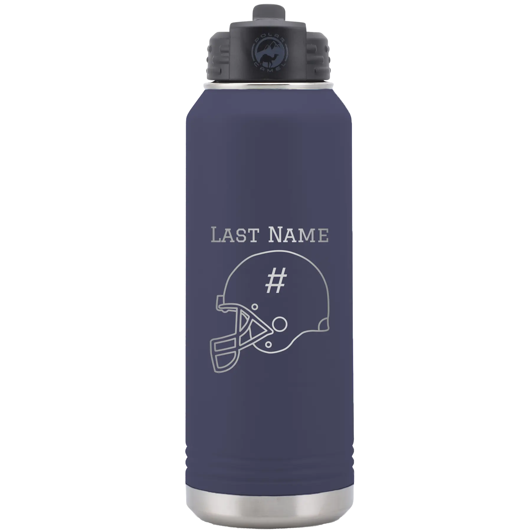 Personalized navy 32 oz vacuum insulated water bottle with 'Football Helmet 2' design