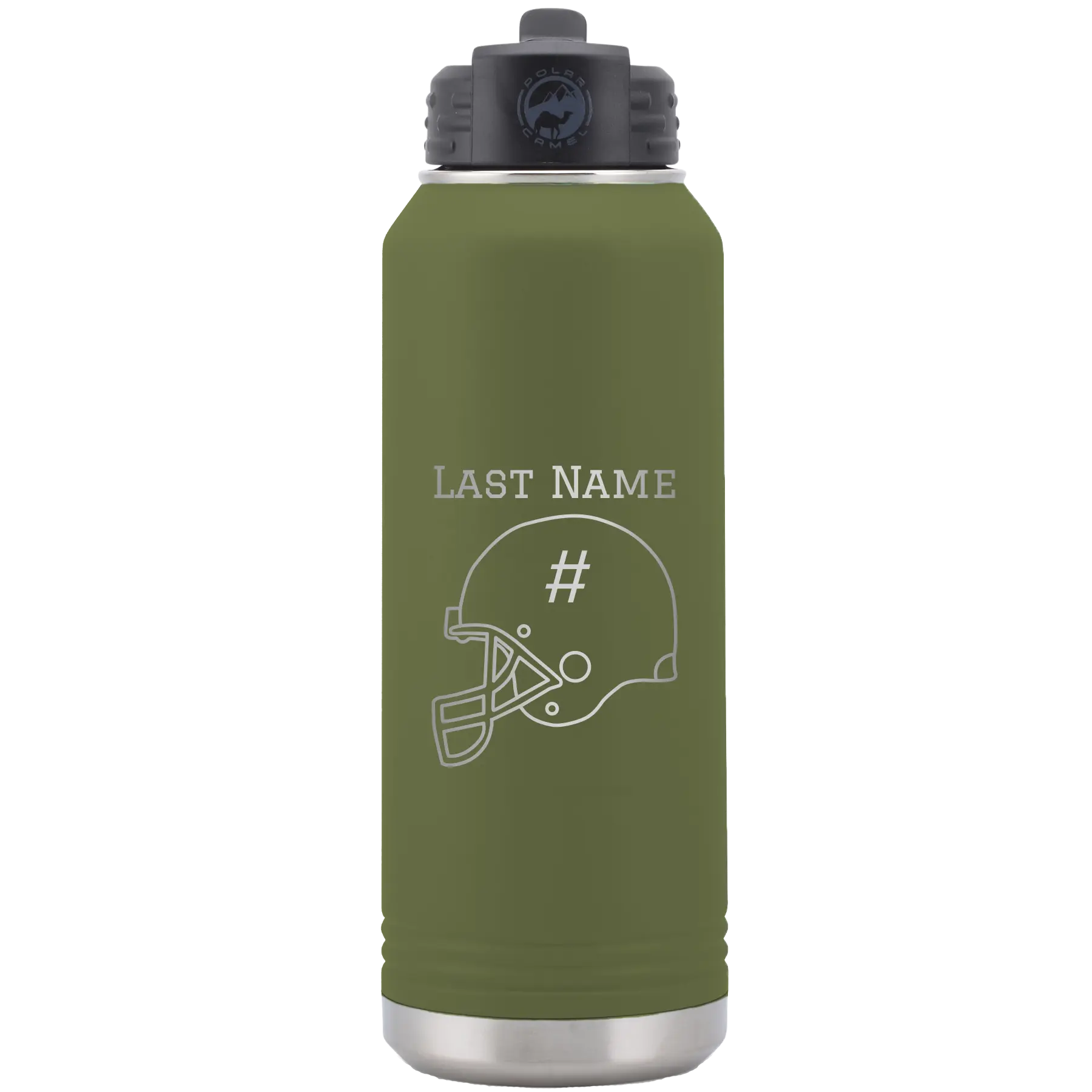 Personalized olive green 32 oz vacuum insulated water bottle with 'Football Helmet 2' design