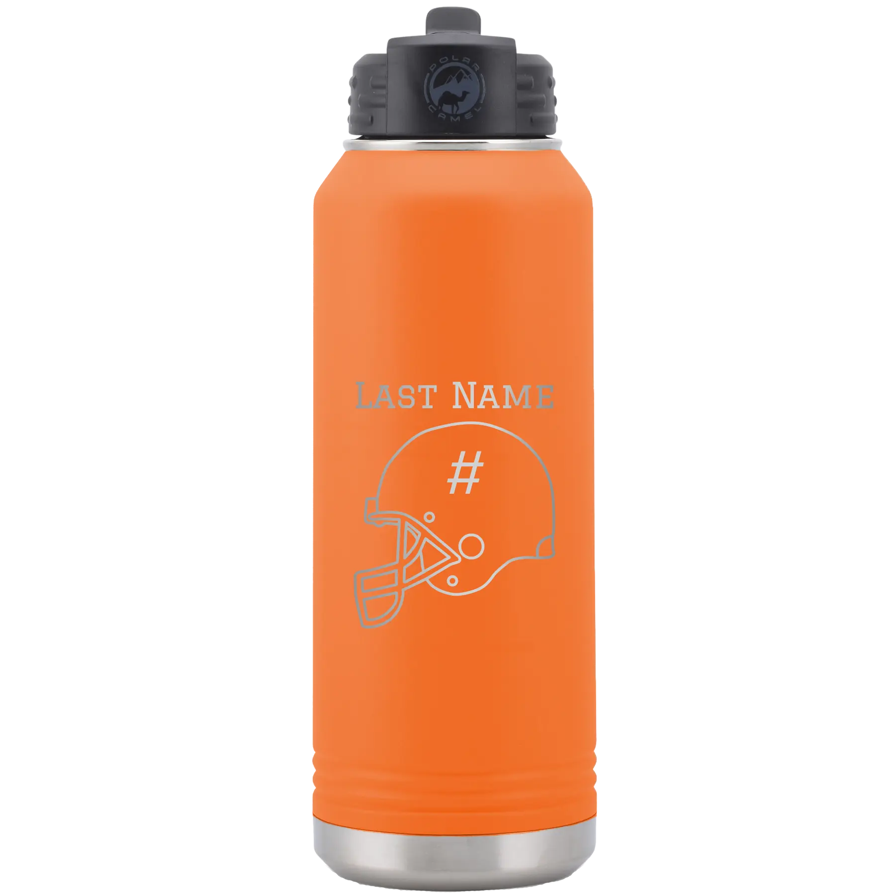 Personalized orange 32 oz vacuum insulated water bottle with 'Football Helmet 2' design