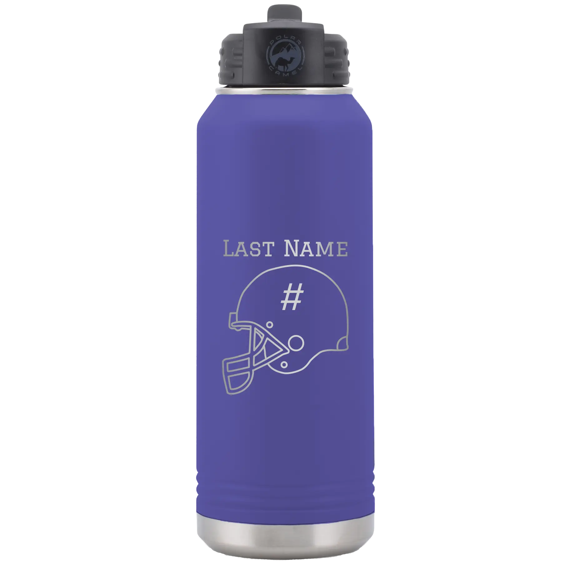 Personalized purple 32 oz vacuum insulated water bottle with 'Football Helmet 2' design