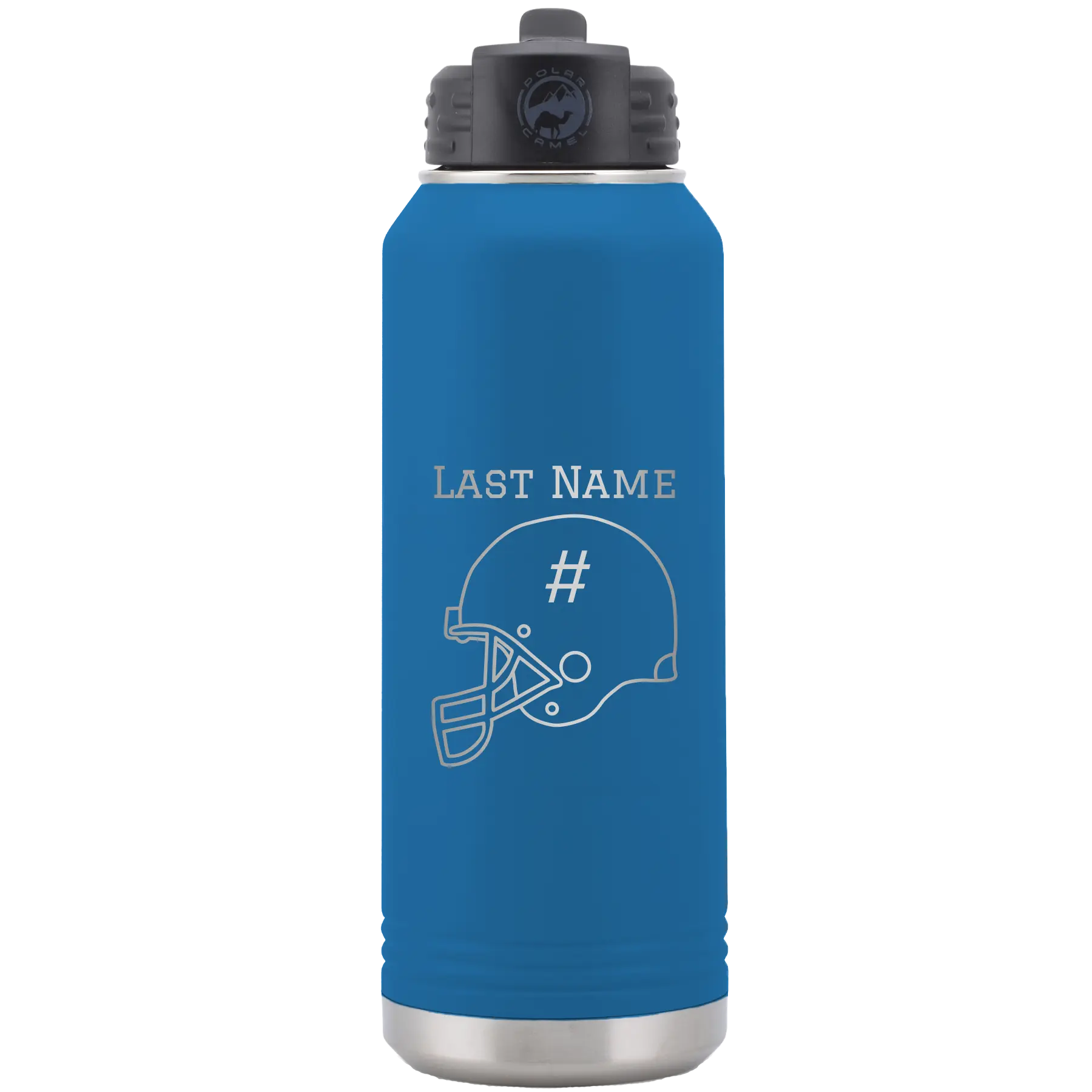 Personalized royal blue 32 oz vacuum insulated water bottle with 'Football Helmet 2' design