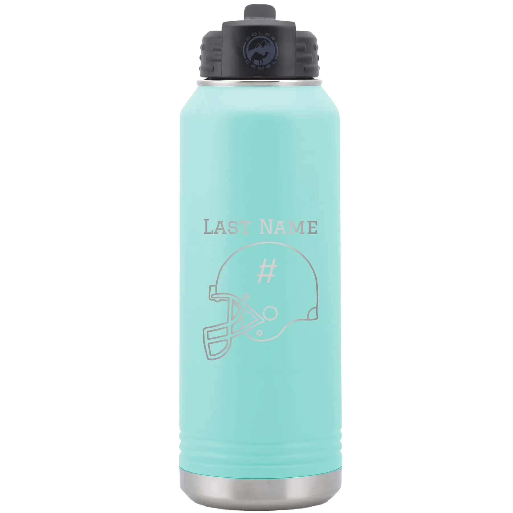 Personalized teal 32 oz vacuum insulated water bottle with 'Football Helmet 2' design